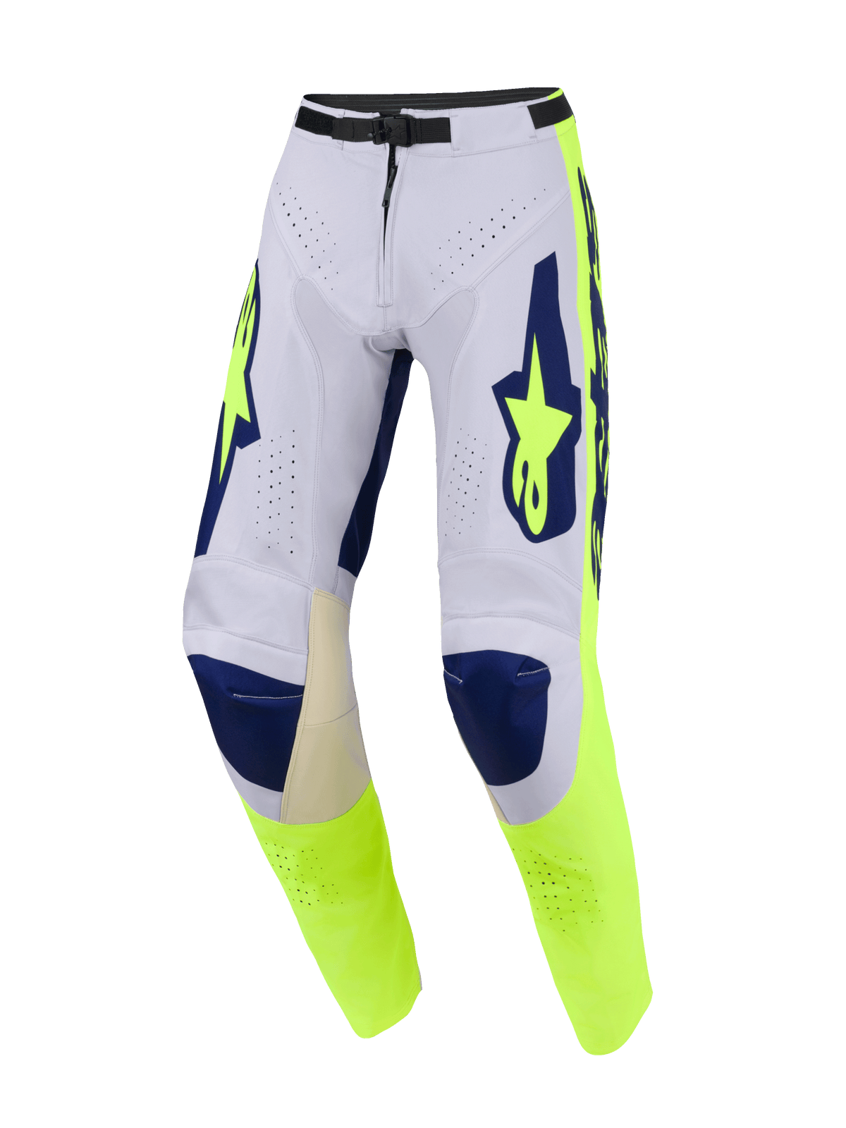 Alpinestars 2026 Racer Air Riway byxor, motocrossbyxor, ljusgrå med fluorescerande gula och blå detaljer, omfattande perforeringar för luftflöde, mörkblå knäpartier och fluorescerande gula sidopaneler med tydlig logotyp, prestandadesign för terrängkörning
