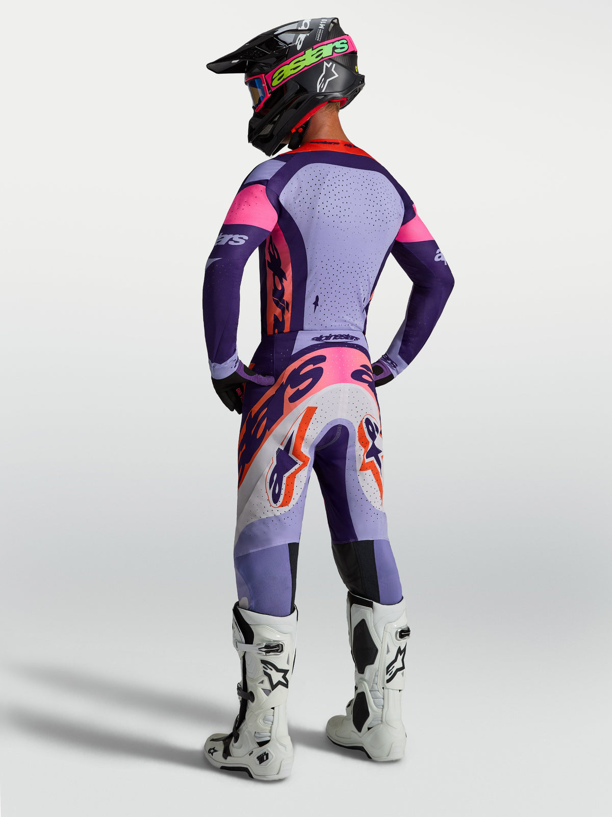 Alpinestars Supertech Dyna byxor och utrustningsset i lila och rosa fluo, motocrossutrustning för herr, vy bakifrån