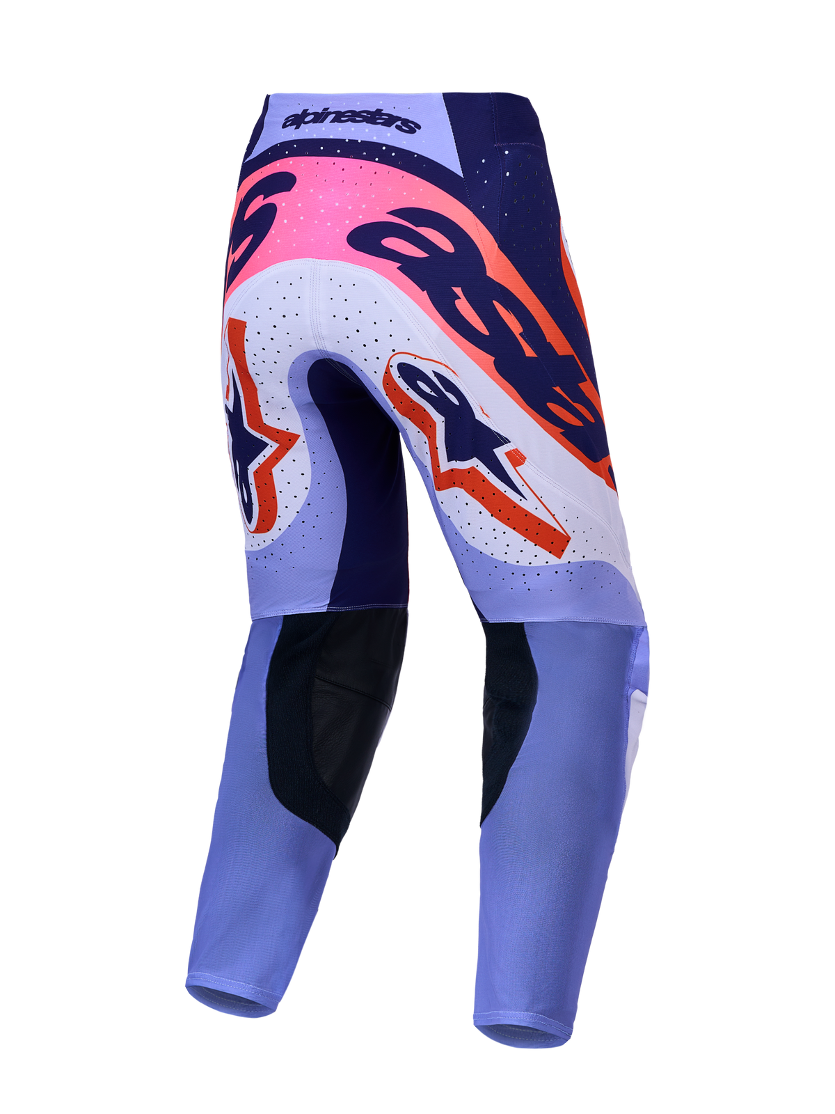 Alpinestars Supertech Dyna motocrossbyxor bakifrån, ljuslila och mörklila med neonrosa detaljer och perforerade paneler.