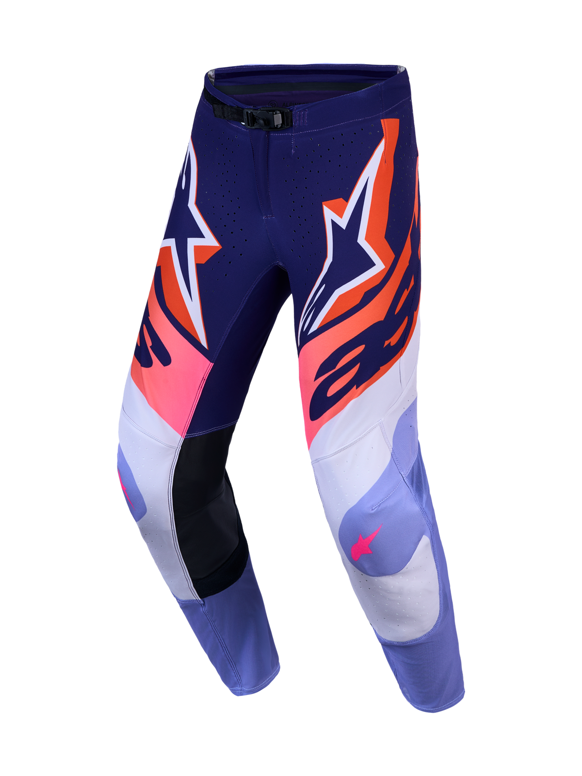 Alpinestars 2027 Supertech Dyna motocrossbyxor i lila och rosa fluo, tillverkade i högpresterande stretch-ripstop.