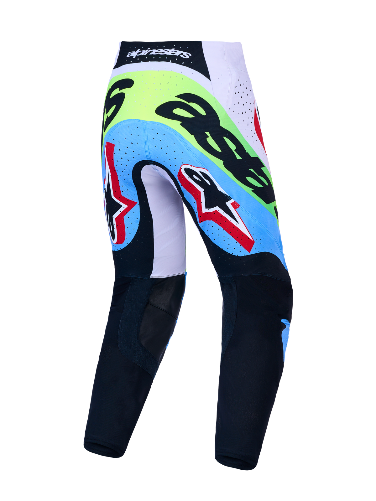 Alpinestars Supertech Dyna byxor, motocrossbyxor för herrar, grön fluo och svarta, vy bakifrån med andningsbara zoner.
