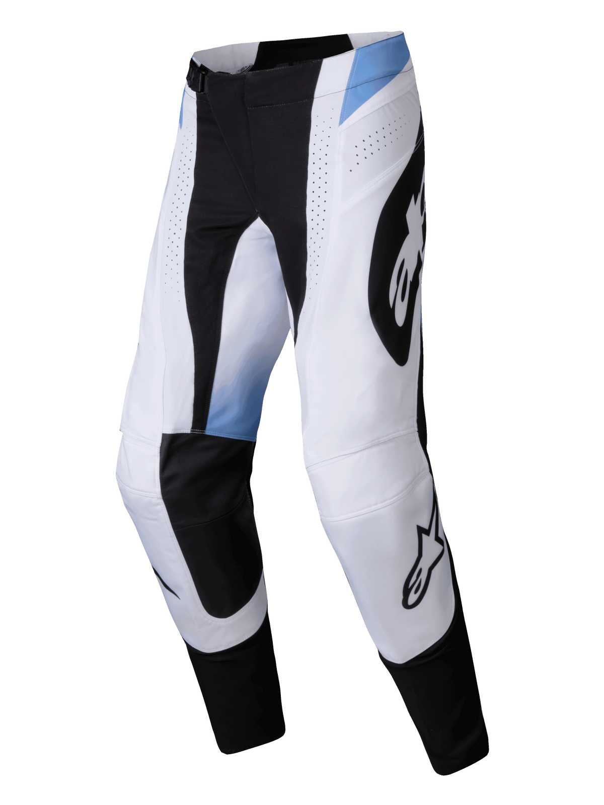 Alpinestars 2025 Techstar Melt byxor, motocrossbyxor, vita och svarta med ljusblå detaljer, stora svarta Alpinestars-logotyper, laserperforerade ventilationshål, hållbar atletisk passform för terrängkörning