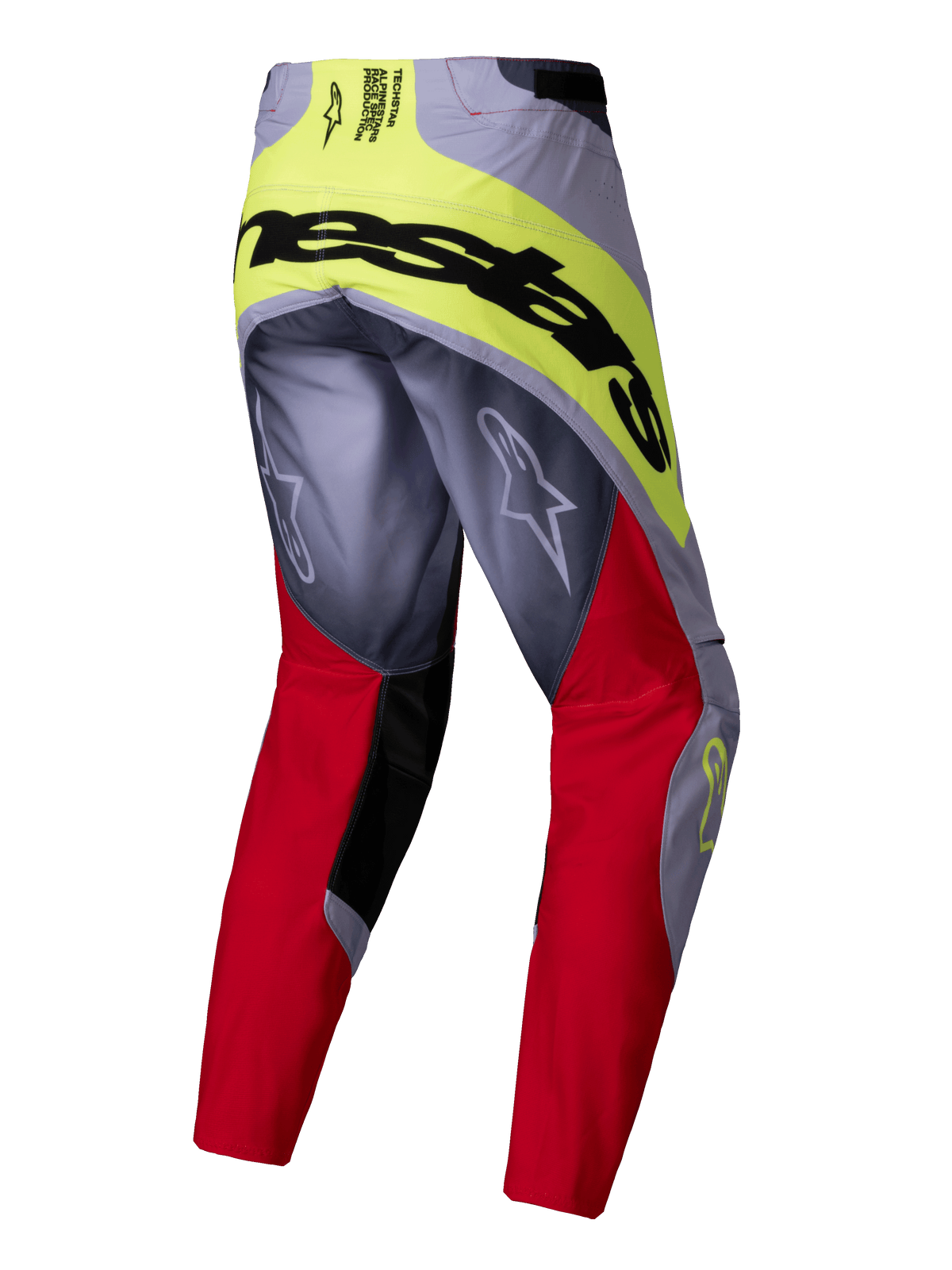 Alpinestars 2025 Techstar Melt byxor, motocrossbyxor, klarröda och grå med neongula detaljer, vy bakifrån som visar stor svart Alpinestars-logotyp på sätet, Astars-logotyper på benen, hållbar flermaterialkonstruktion för terrängkörning