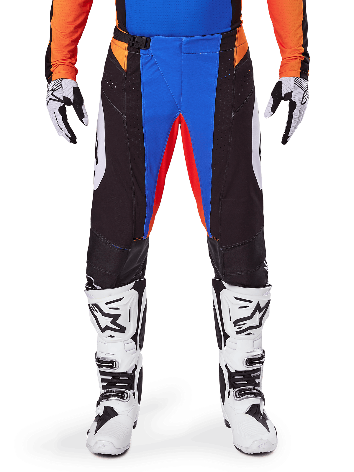 Alpinestars 2025 Techstar Melt Motocross Pants, Orange and Blue, worn with matching jersey and white boots, featuring black panels with vibrant blue and orange accents, perforated for ventilation, athletic race fit for off-road performance.