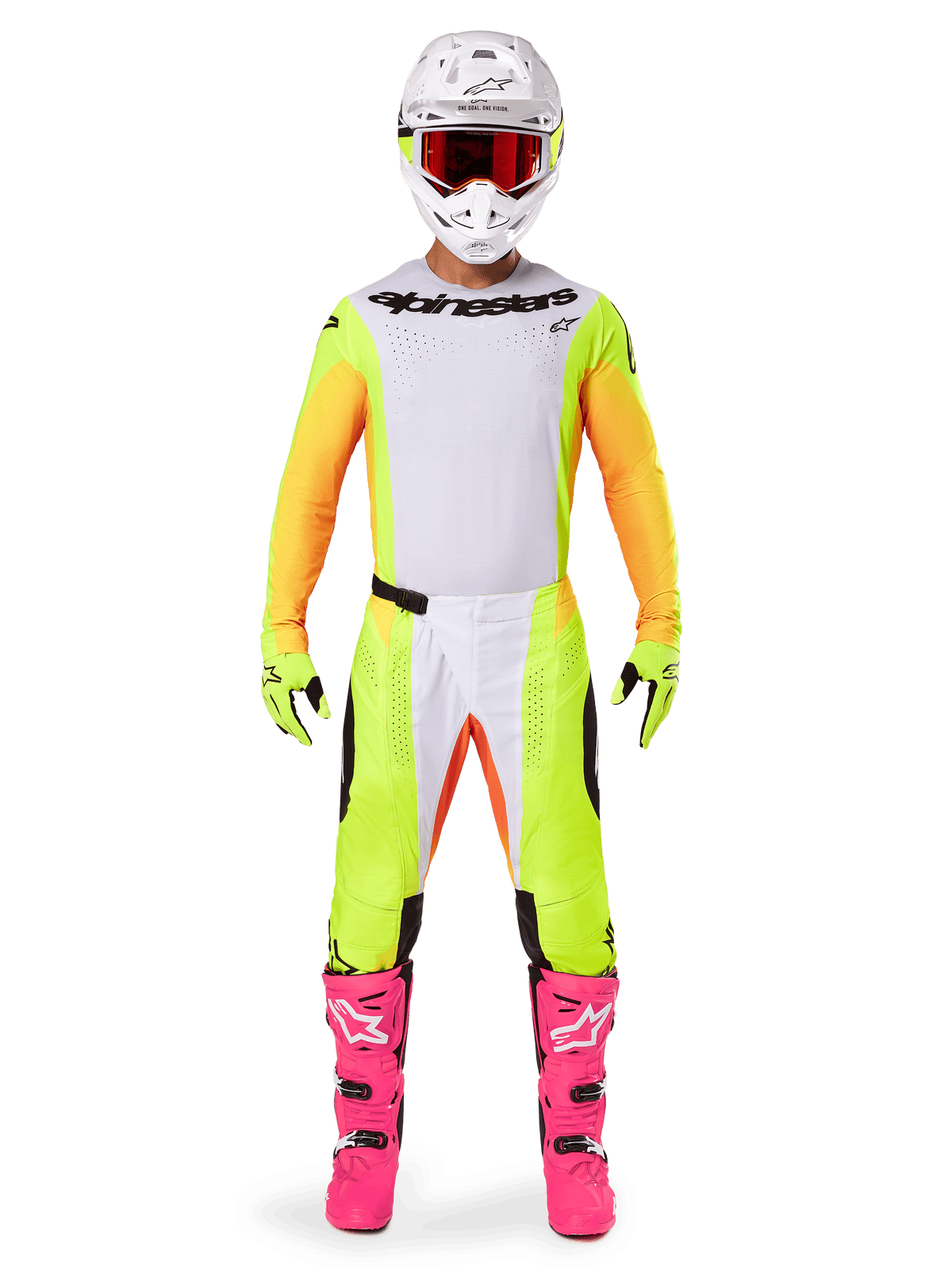 Motocrossförare som bär Alpinestars 2025 Techstar Melt-utrustningsset, vit tröja med gula och orangea ärmar, neongula byxor med vita och orangea detaljer, vit hjälm med röda goggles, starkt rosa stövlar och neongula handskar, komplett racingställ för terrängkörning