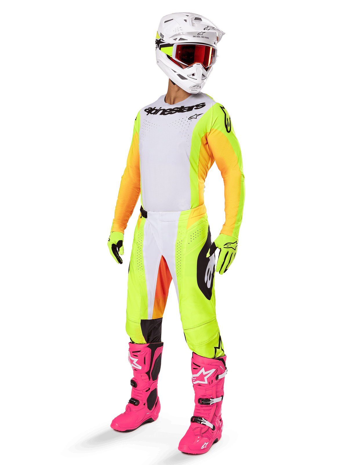 Alpinestars 2025 Techstar Melt-utrustningsset, komplett motocrossoutfit, vit tröja med gula och orange ärmar, neongula byxor, klarrosa stövlar, vit hjälm med röda goggles, gula handskar, livfull och färgglad racingutrustning