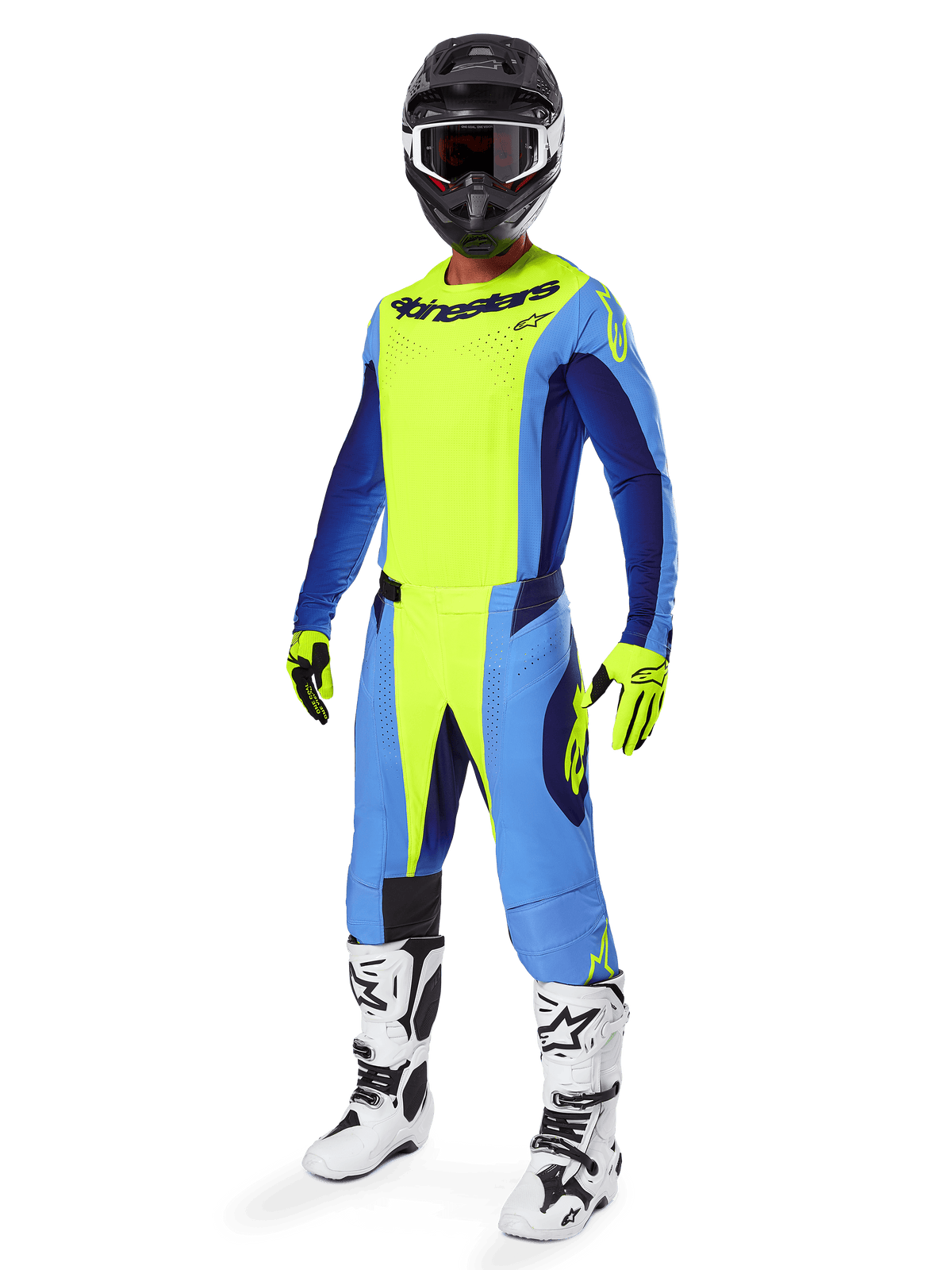 Alpinestars 2025 Techstar Melt Pants, Motocross Pants, Yellow Fluo and Blue, worn as part of a complete racing gear set with matching jersey, yellow and black gloves, white and black boots, and black helmet with white goggles, coordinated off-road performance gear.
