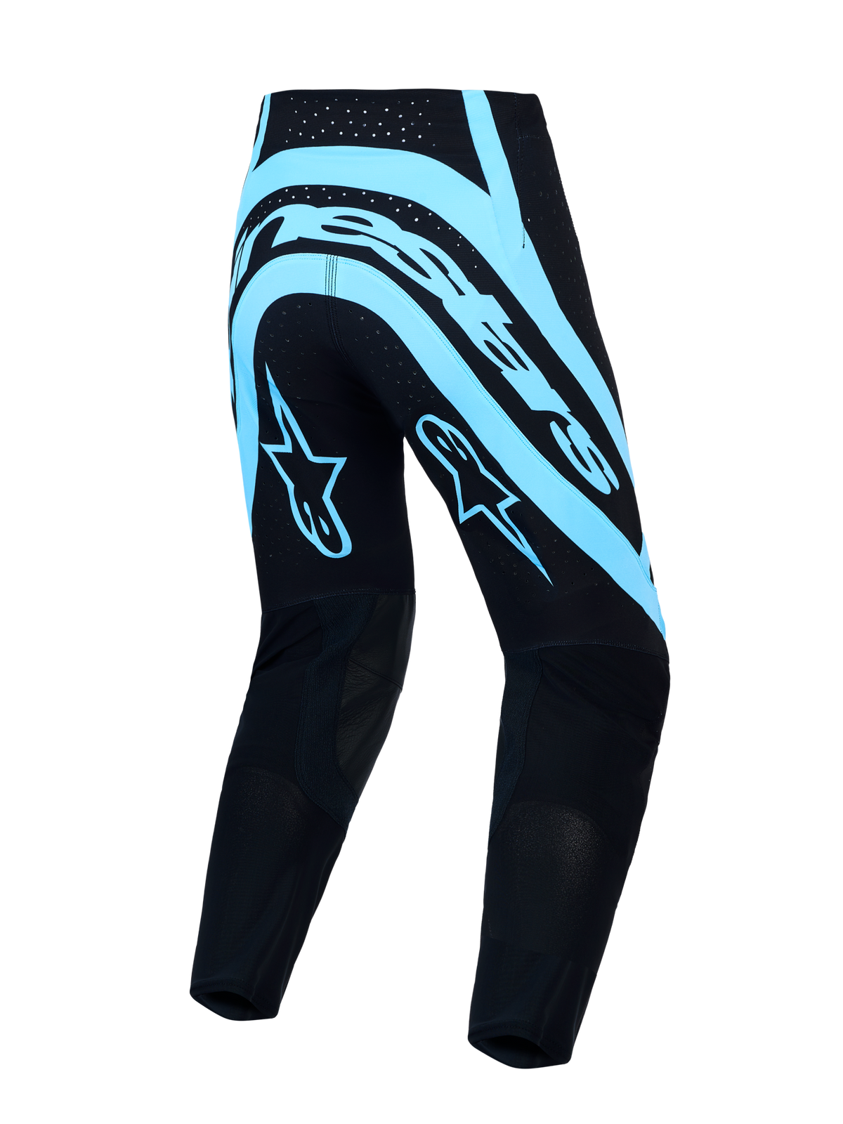 Alpinestars Supertech Vesta Motocross Pants, Black and Turquoise, featuring stretch rip-stop fabric and race fit.