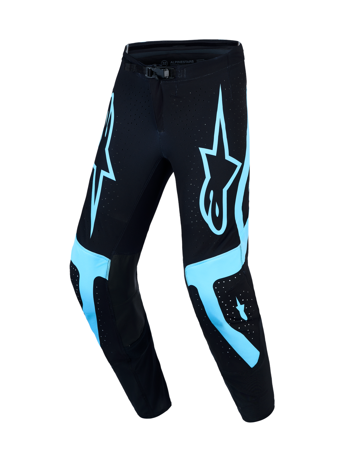 Alpinestars Supertech Vesta Motocross Pants, Black and Turquoise, with athletic race fit and ventilated stretch fabric.