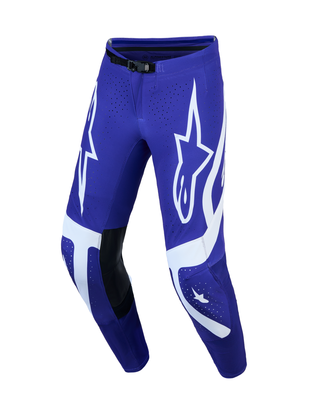 Alpinestars Supertech Vesta Pants, Men's Motocross Pants in Deep Blue and White with leather knee panels and star graphics.
