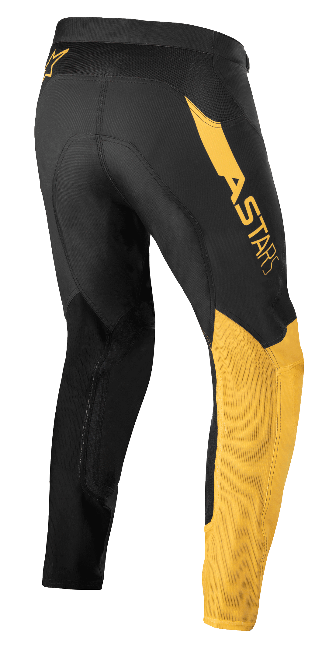 Alpinestars Supertech Blaze Pants, Motocross Pants, Black and Warm Yellow, rear side view, featuring bold 'ASTARS' logo on the hip, yellow paneling on the leg, and technical stretch textile for off-road performance.