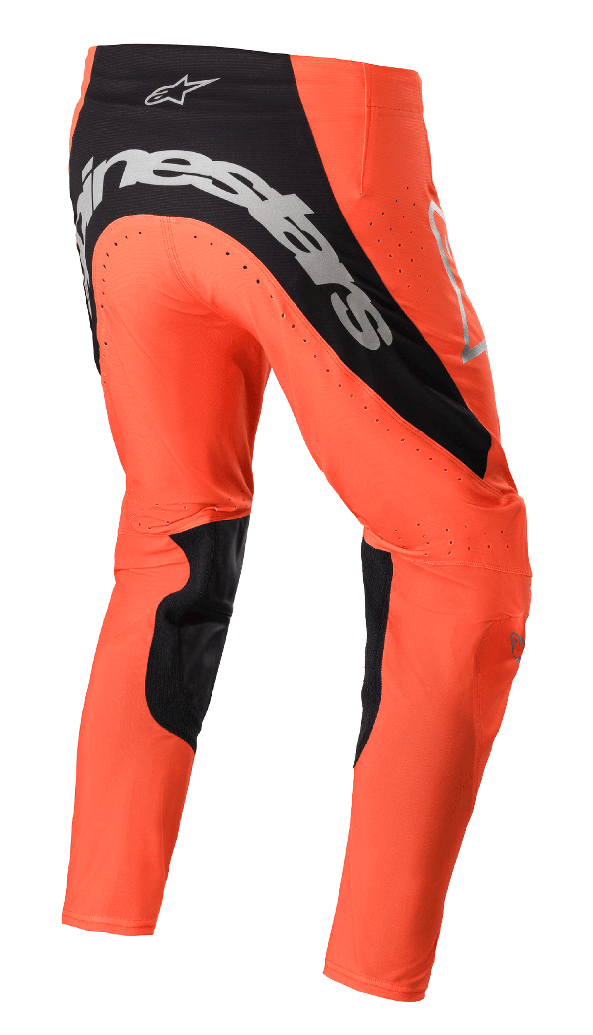 Alpinestars 2023 Supertech Risen byxor, motocrossbyxor, Hot Orange och svart, vy bakifrån med framträdande silverlogotyp på sätet, svarta innerpaneler på benen och perforerade ventilationszoner för terrängkörning.
