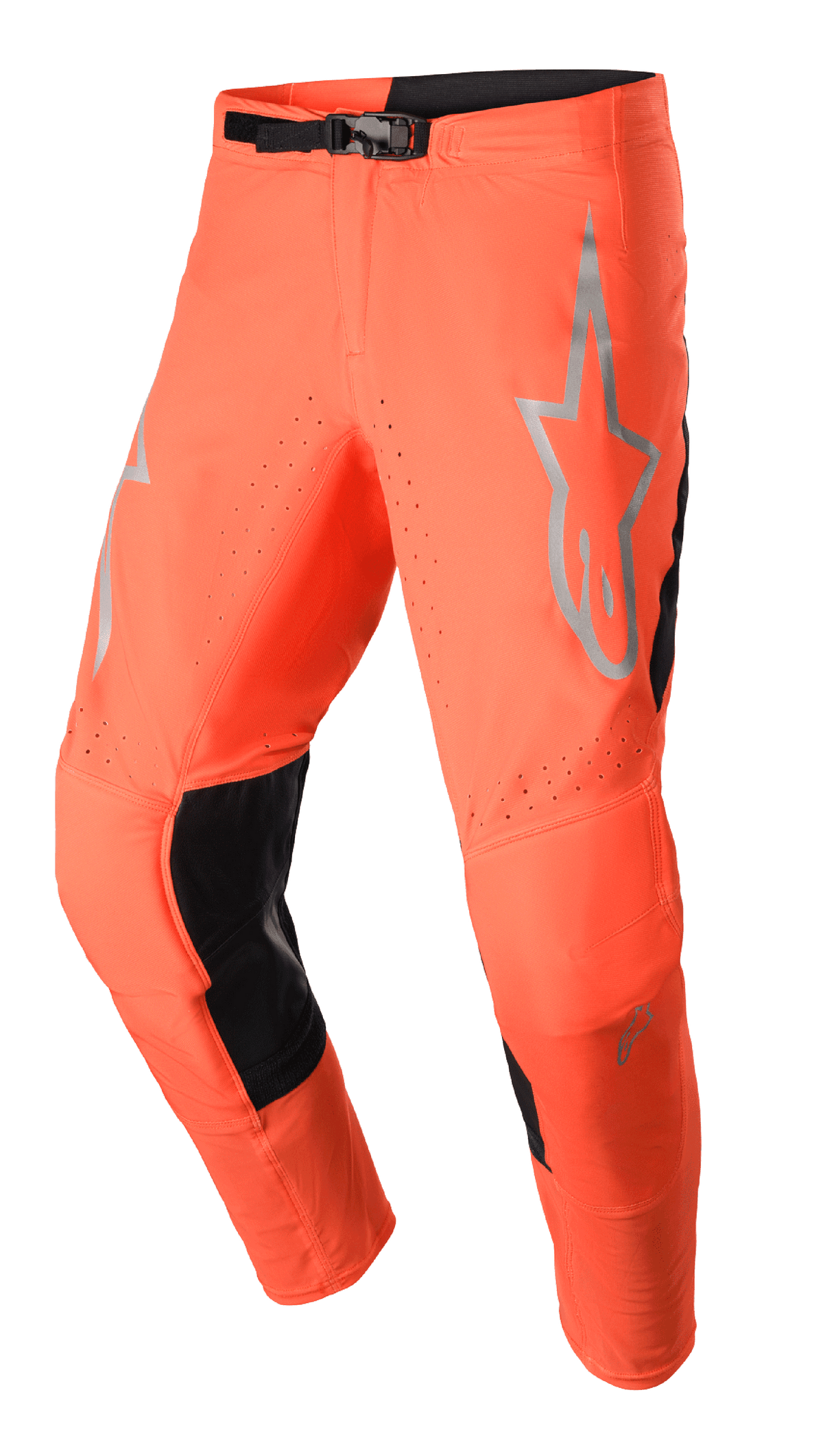 Alpinestars 2023 Supertech Risen byxor, motocrossbyxor, Hot Orange och svarta, med grå stjärnlogotyp på låret, justerbart spänne, perforerade ventilationszoner och förstärkta svarta paneler på insidan av benen.