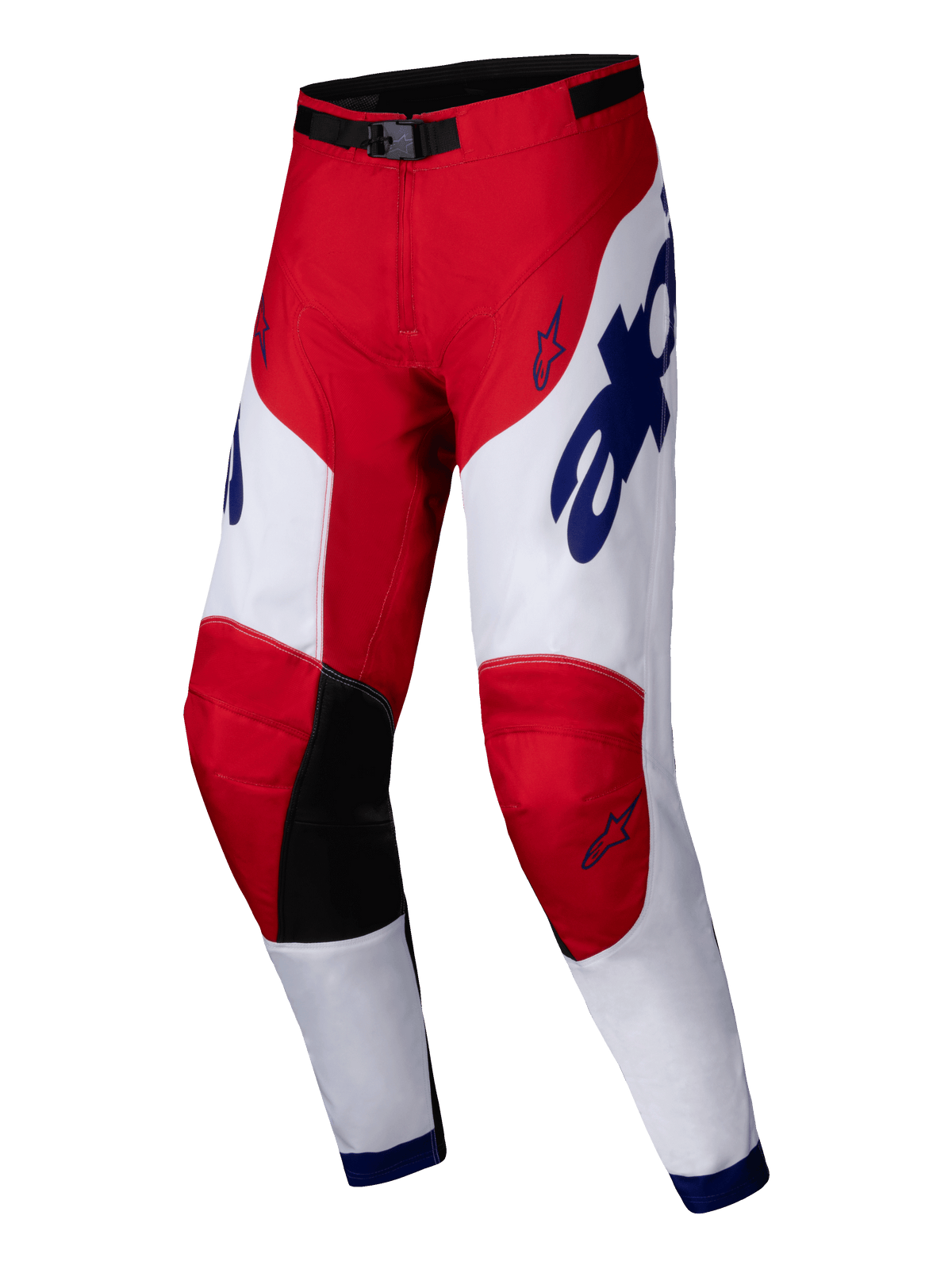 Alpinestars 2025 Racer Veil-byxor, motocrossbyxor, klarröda och vita med blå detaljer, svarta paneler på knänas insida, ergonomisk förböjd design, tydlig branding och stjärnlogotyper, tålig utrustning för terrängkörning