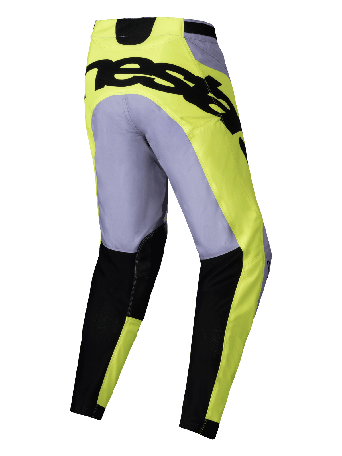 Alpinestars 2025 Racer Veil byxor, motocrossbyxor, grå och neongula, vy bakifrån med framträdande svart logotyp över sätet, lätt teknisk design med svarta sektioner på underbenen och förböjd passform