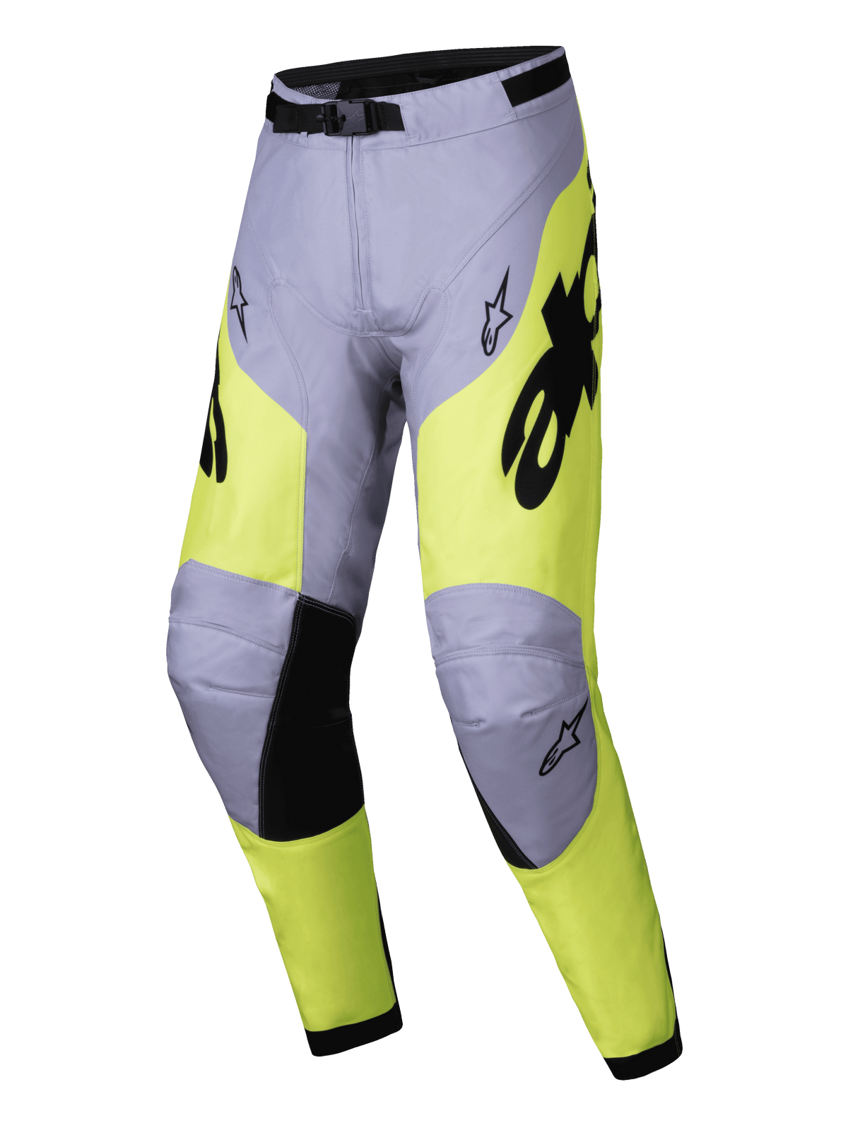 Alpinestars 2025 Racer Veil-byxor, motocrossbyxor, grå och gul fluo, svarta detaljer på innerknän och midjespänne, sportig ergonomisk design med Alpinestars-logotyper, slitstark textil för terrängkörning