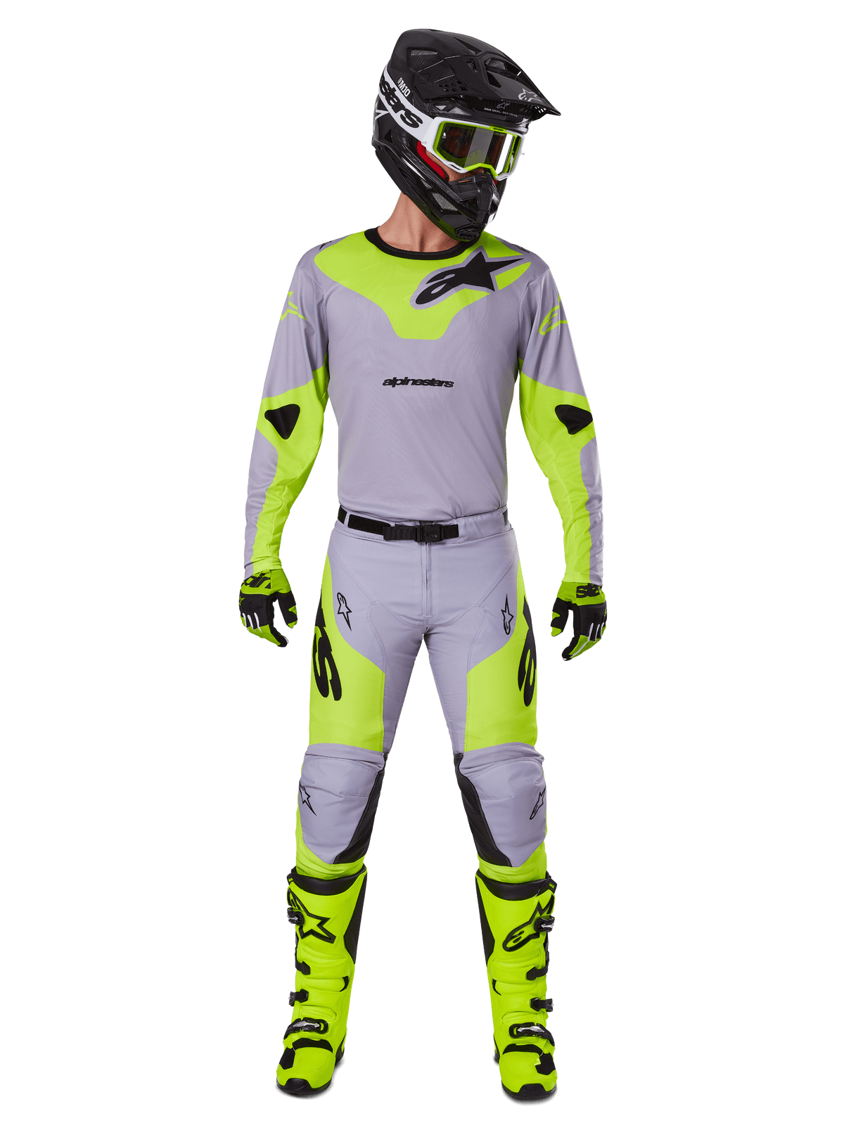 Alpinestars 2025 Racer Veil byxor, motocrossbyxor, grå och gul fluo, bärs som ett komplett racingställ med matchande tröja, hjälm, stövlar och handskar, med svarta logotyper och ergonomisk design för terrängkörning
