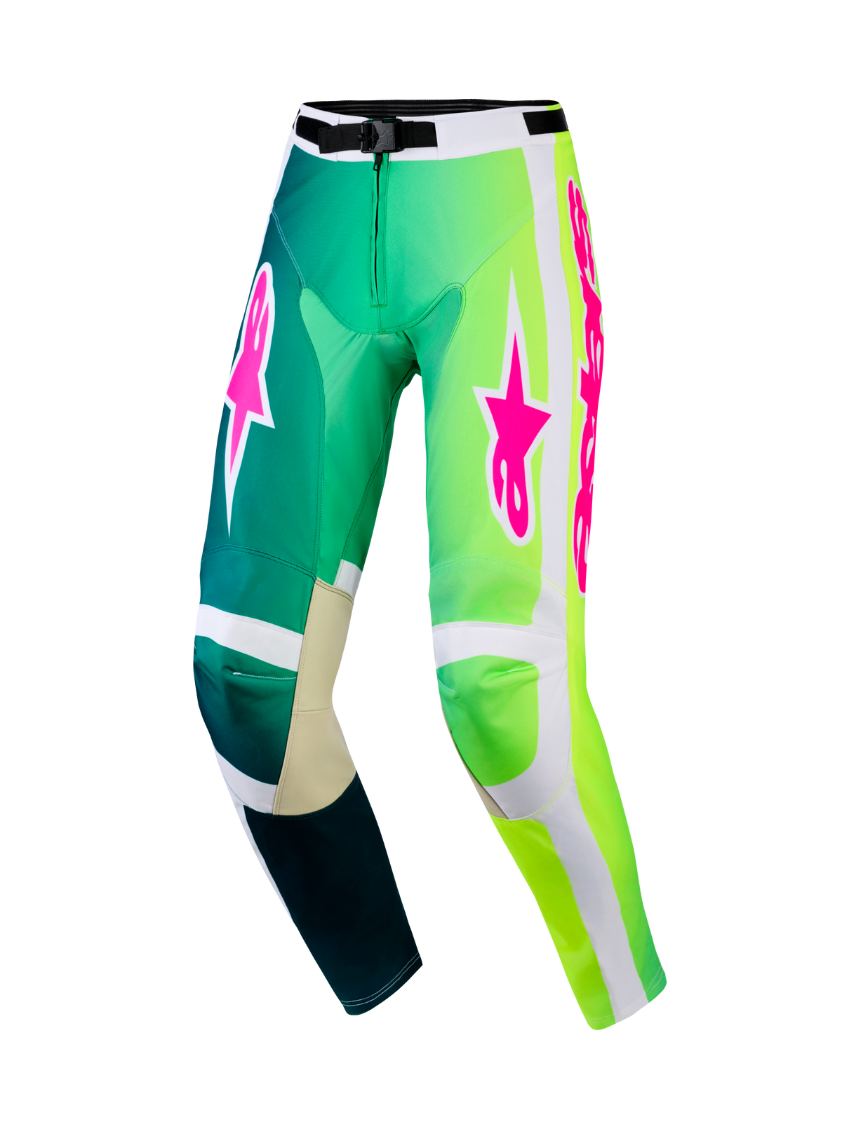 Alpinestars 2026 Racer Portl byxor, motocrossbyxor, gröna och vita med starkt rosa logotyper, tonad design från blågrönt till neongrönt, förstärkta innerknän och ett säkert midjespänne för terrängkörning.