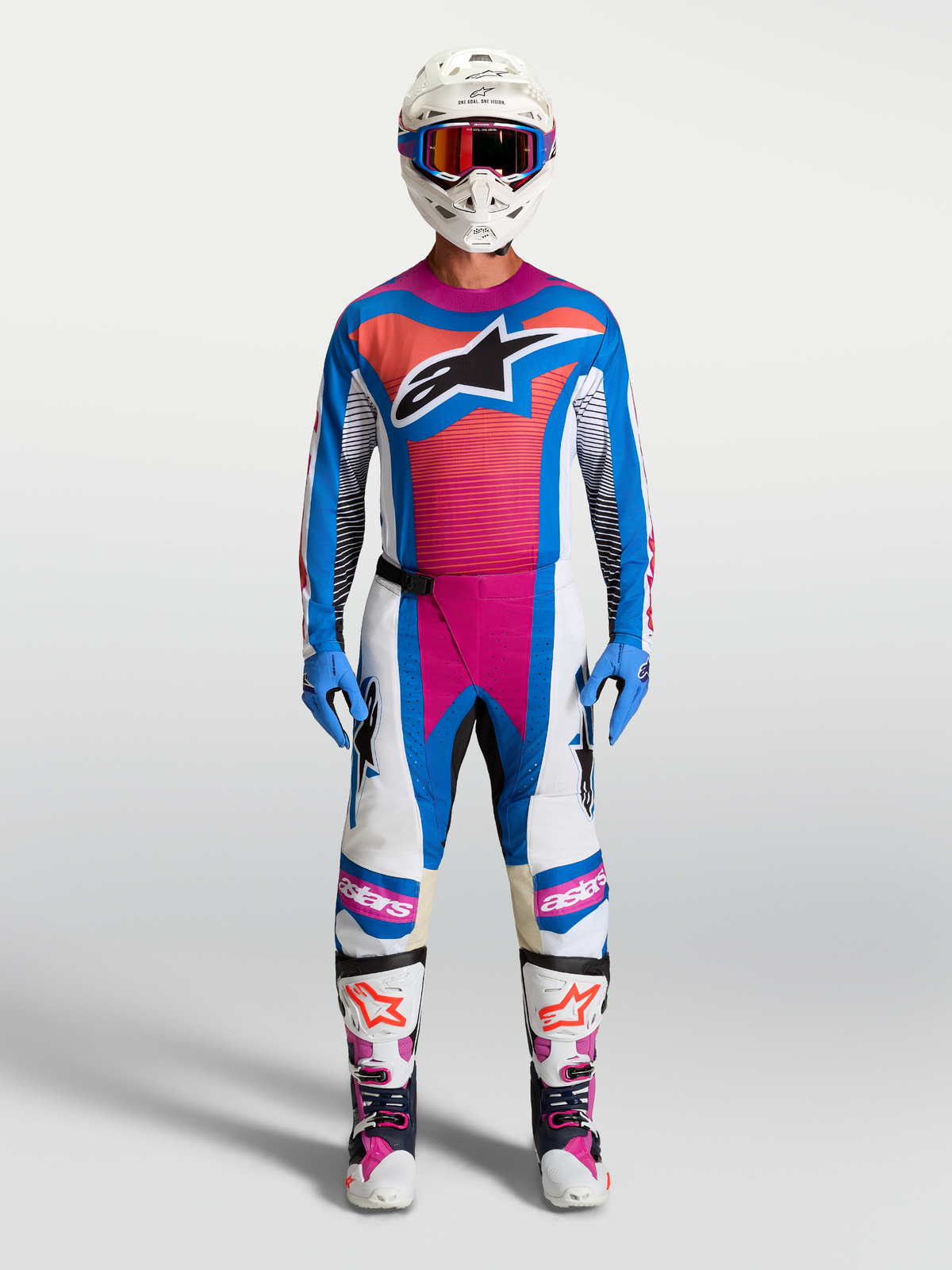 Alpinestars Techstar Maven motocross kit in White, Blithe Blue, and Hot Coral with a lightweight, performance race fit.