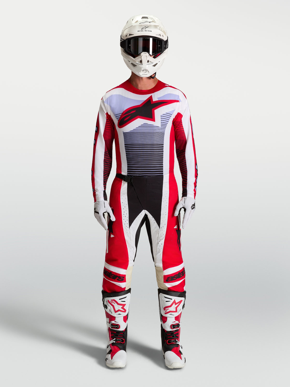 Alpinestars Techstar Maven byxor och motocross-ställ, utrustning för terrängkörning, rött och vitt med lila detaljer, matchande stövlar