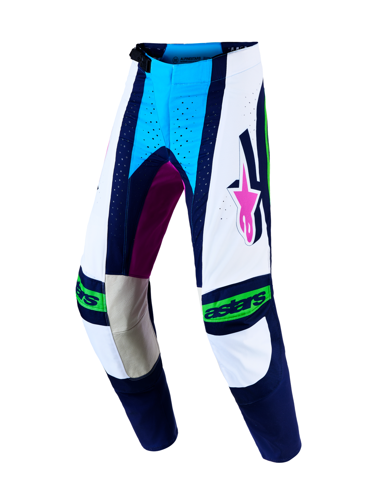 Alpinestars Techstar Maven motocrossbyxor för herrar, vita och blå, med läderpaneler på knäna och racingpassform.