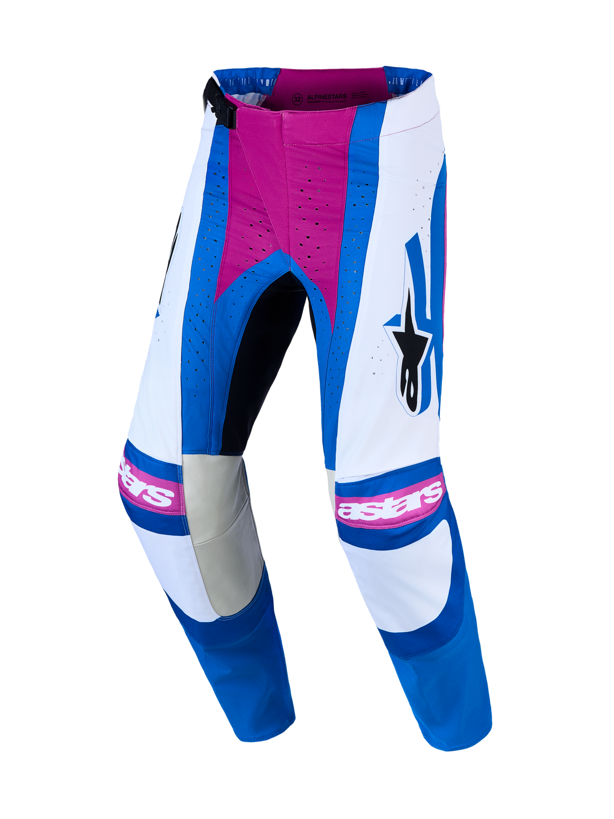 Alpinestars Techstar Maven byxor, motocrossbyxor för herrar, vita och blåa med Hot Coral-detaljer och laserperforeringar.