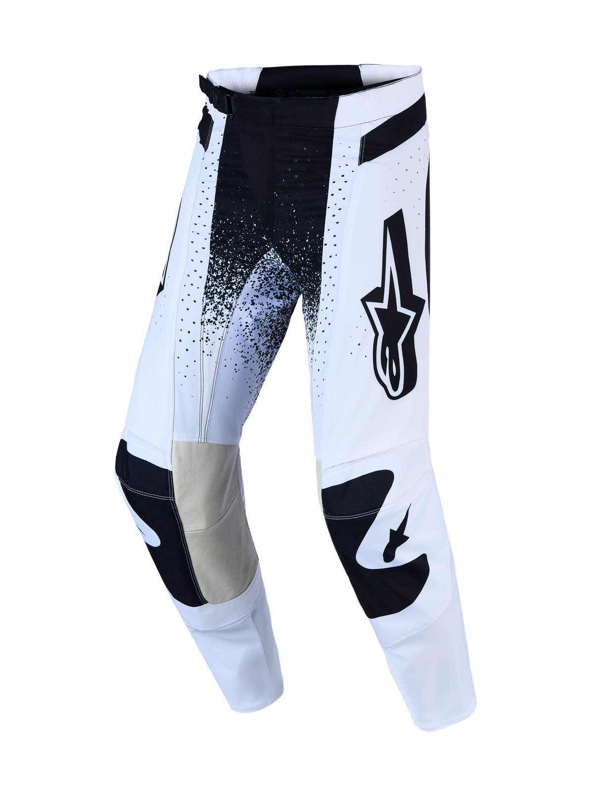 Alpinestars Techstar Swan byxor och Techstar Swan gear set, vita och svarta motocrossbyxor med läderpaneler på knäna.