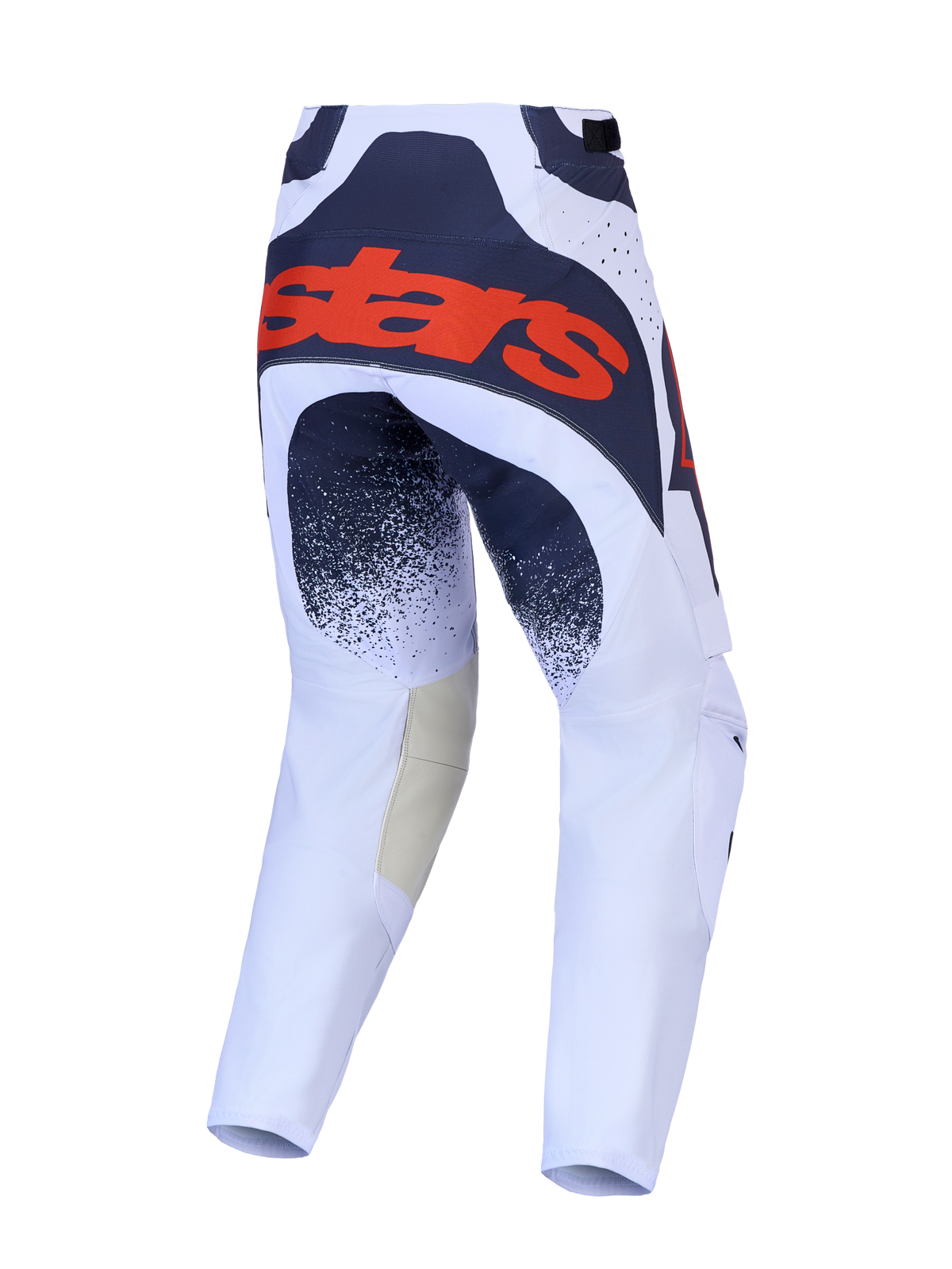 Alpinestars Techstar Swan byxor, motocrossbyxor i ljuslila och mörkgrå, vy bakifrån med röd logotyp och stretchpaneler.