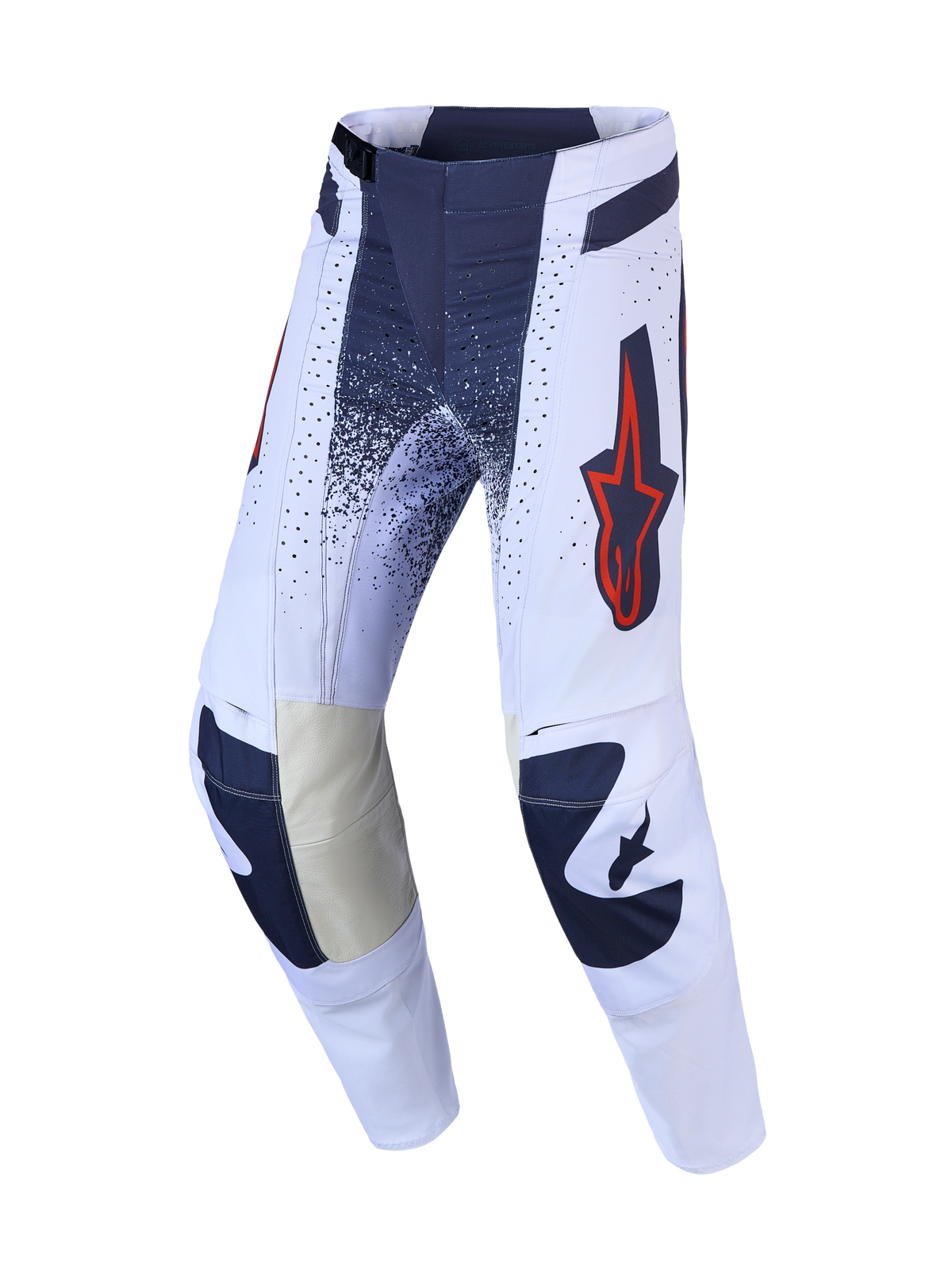 Alpinestars Techstar Swan motocrossbyxor, ljuslila och mörkgrå med röda fluo-detaljer och läderförstärkta innerknän