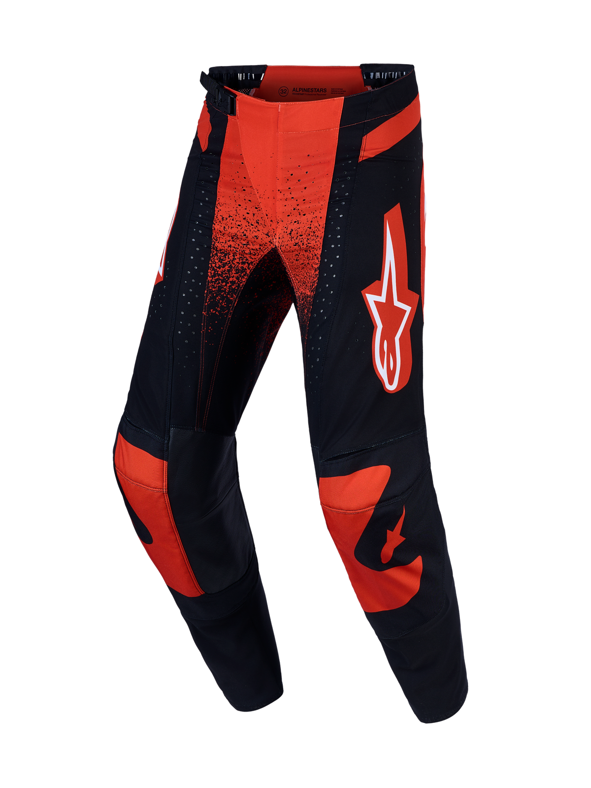 Alpinestars Techstar Swan byxor, röda och svarta motocrossbyxor med läderknän och stretchchassi för terrängkörning.