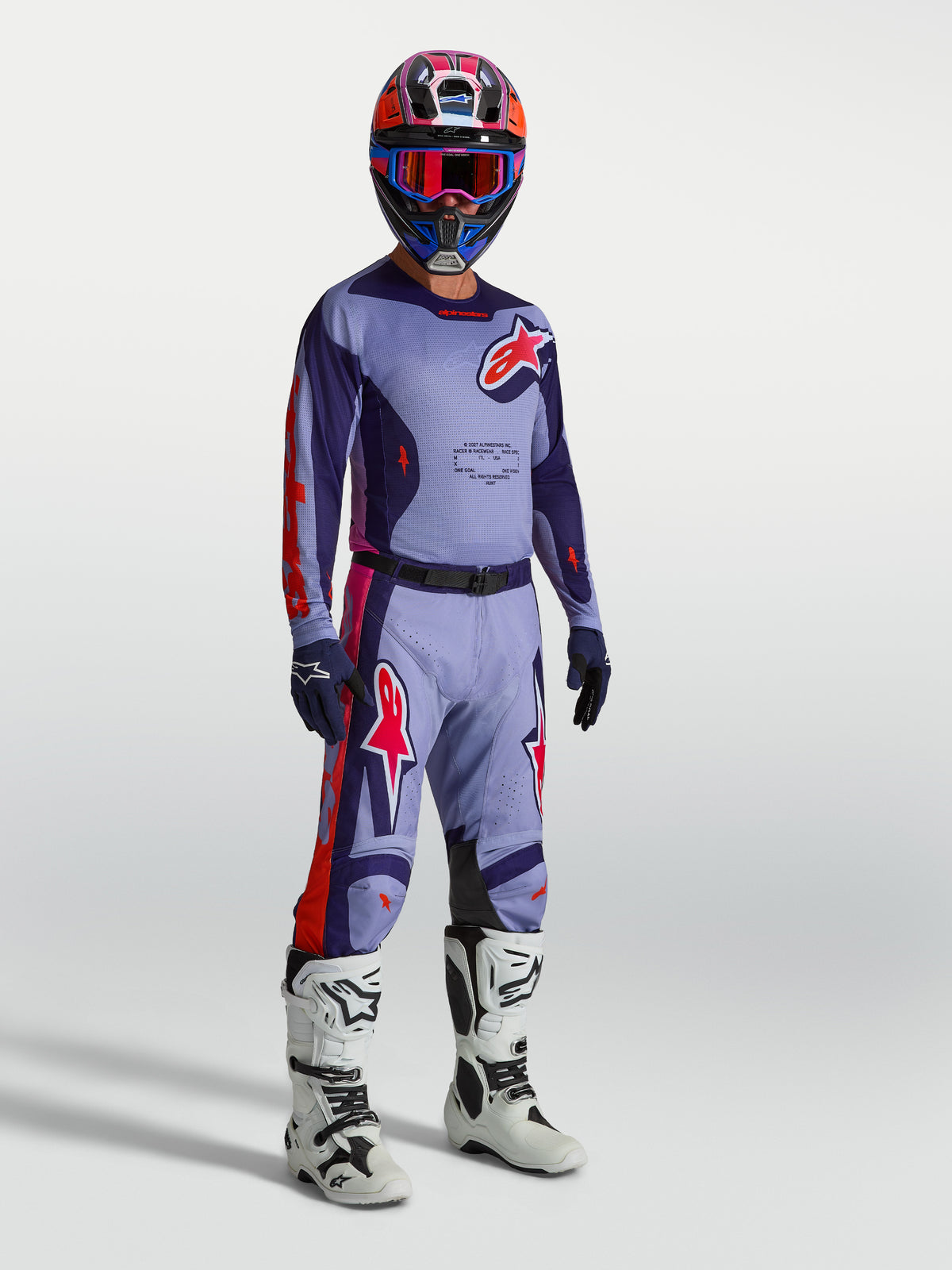 Alpinestars Racer Air Hunt byxor, lila och rosa fluo motocrossbyxor för herr, ventilerat material med knäpaneler i läder.