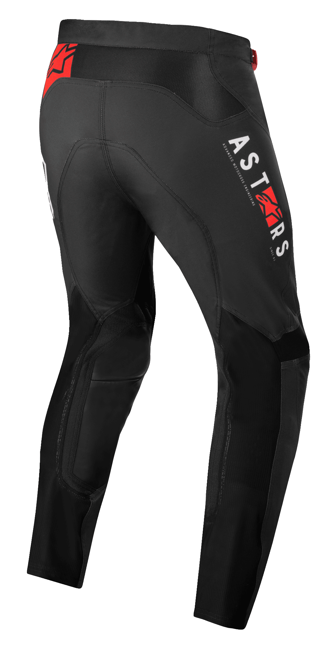 Alpinestars Supertech Foster-byxor, motocrossbyxor, svarta med vit vertikal ASTARS-logotyp och röda stjärnlogotyper, högpresterande textilkonstruktion med meshpaneler för ventilation och rörelsefrihet.