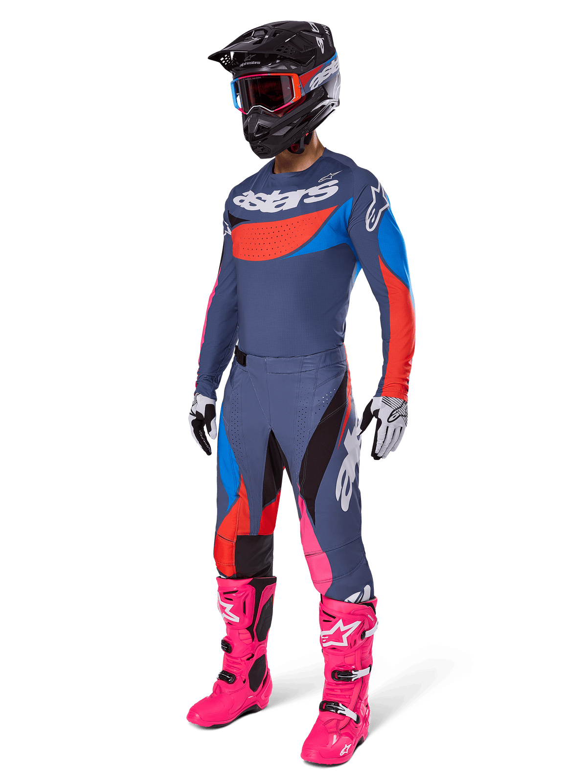 Alpinestars 2025 Techstar Dreem Pants, Motocross Pants, Gray Multicolor with blue red and pink accents, worn with matching jersey and bright pink boots, featuring black helmet and white gloves, complete gear set for off-road racing