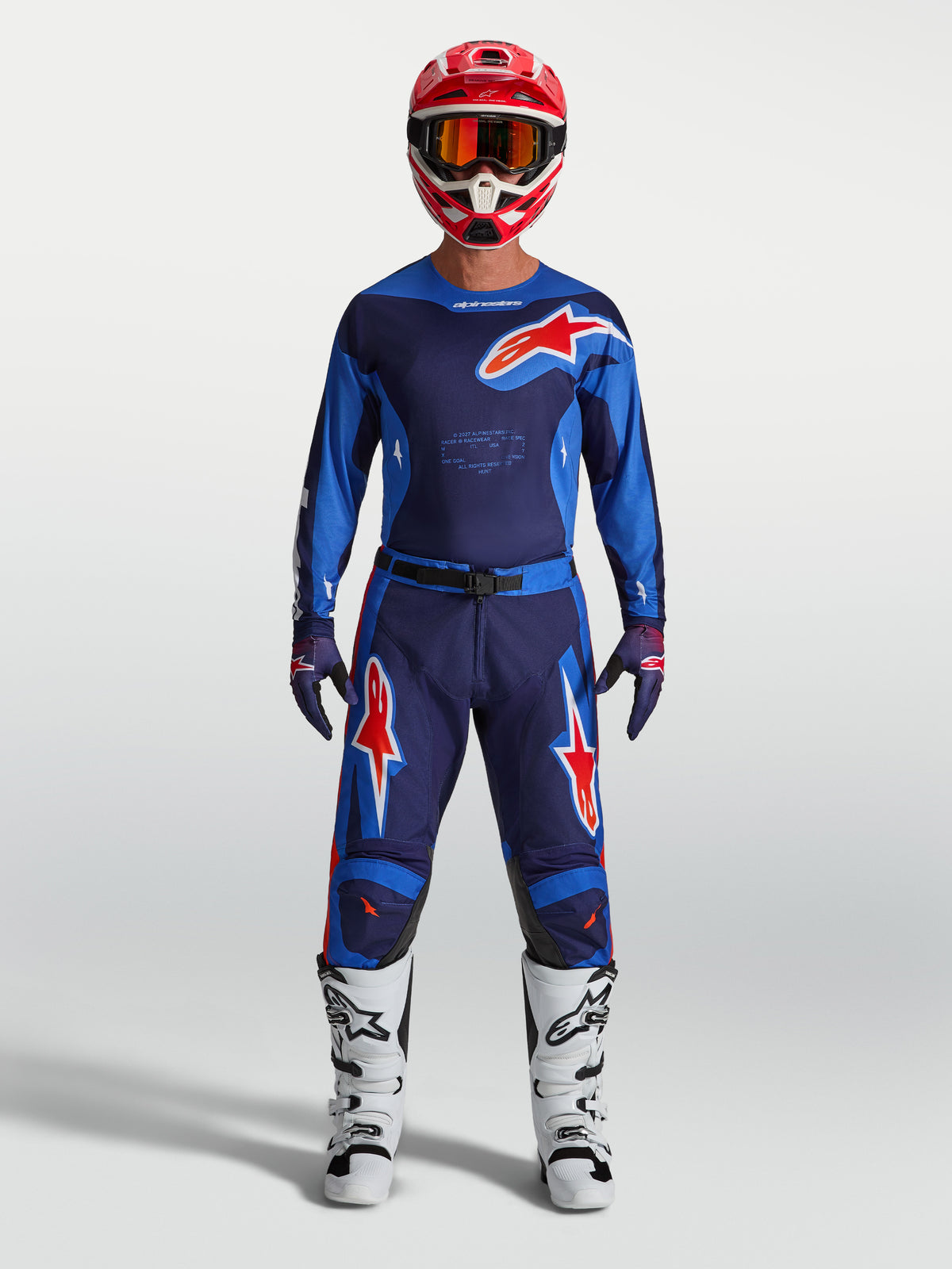 Alpinestars Racer Hunt byxor, blå och röda motocrossbyxor för herrar, slitstark polytygskonstruktion.