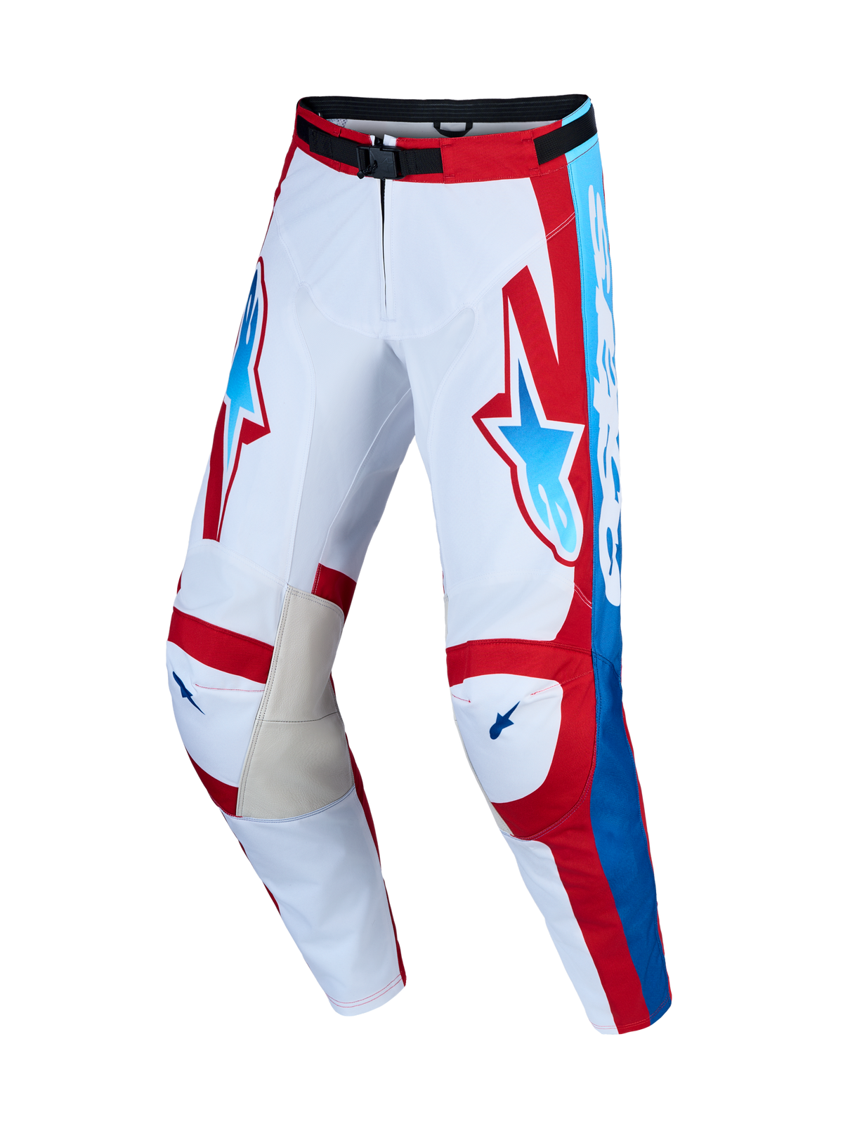 Alpinestars Racer Hunt byxor, vita och röda herrmotocrossbyxor med blå detaljer och innerknän i läder.