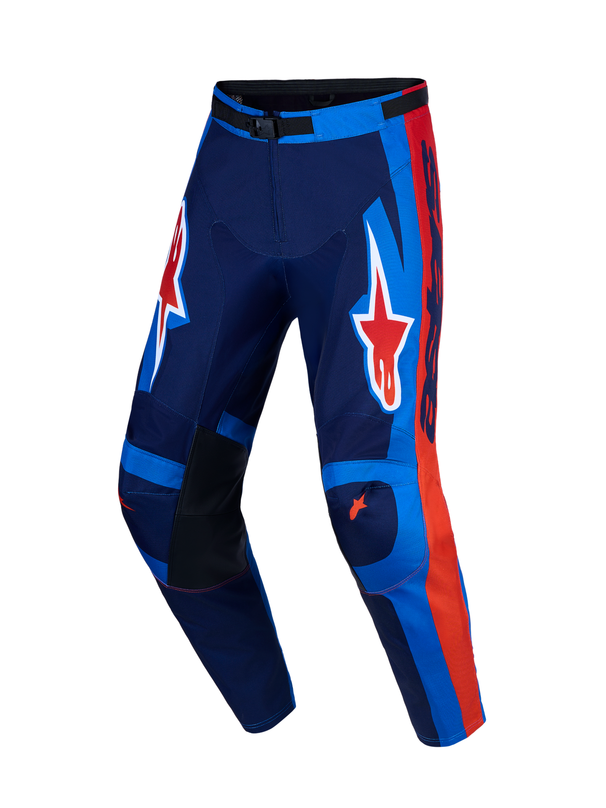 Alpinestars Racer Hunt byxor, blå och röda motocrossbyxor för herrar, förböjda ben i hållbart 600D polytyg.