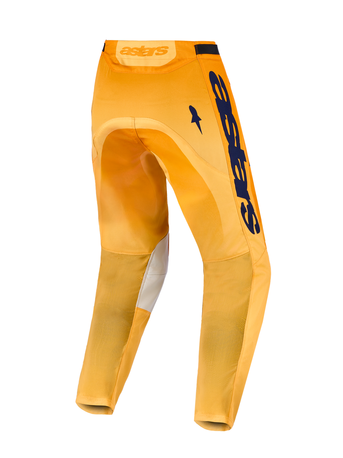 Alpinestars Racer Amber byxor, orange och marinblå motocrossbyxor, vy bakifrån med invändiga knäpaneler i läder för terrängkörning.