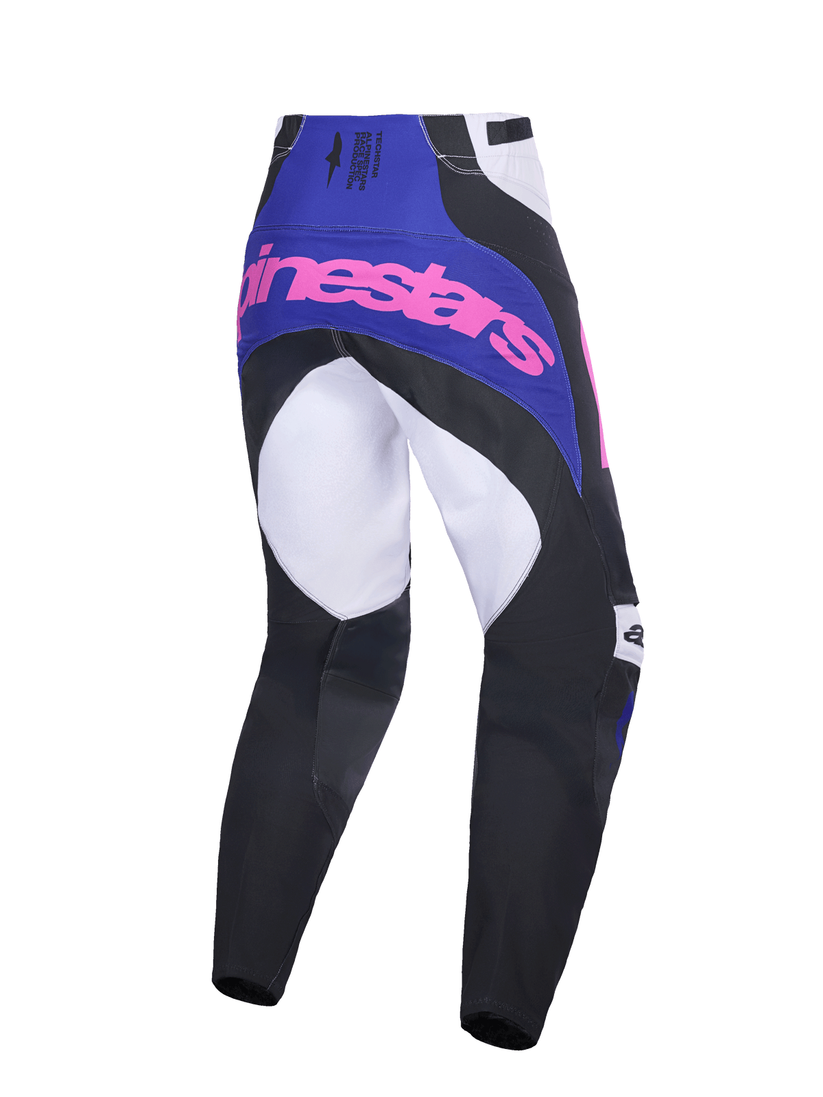 Alpinestars 2026 Techstar Knif byxor, motocrossbyxor, svarta, ljusgrå och lila med rosa logotyp, vy bakifrån som visar flerpanelskonstruktion, lila ok med rosa logotyp och förstärkt sätesområde för terrängkörning