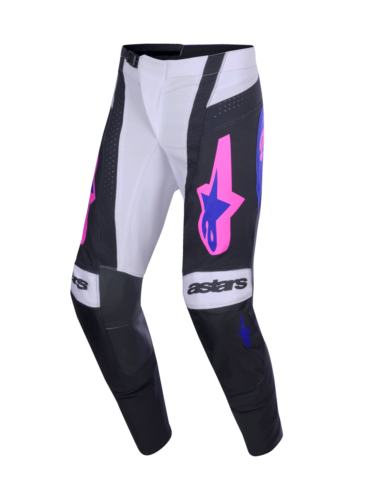 Alpinestars 2026 Techstar Knif-byxor, motocrossbyxor, svarta och ljusgrå med lila och livfulla rosa detaljer, framträdande "astars"-logotyp på knäna, stjärnlogotyper på låren och en ergonomisk racingskärning för högpresterande terrängkörning