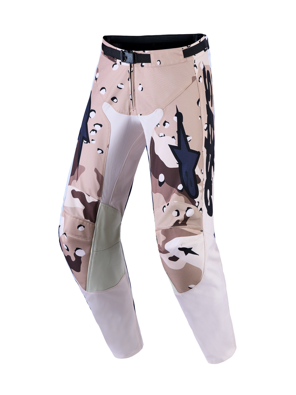 Alpinestars Racer Lone herr-motocrossbyxor i beige öken-camo, svarta, magnetiskt midjespänne och knäpaneler i läder.