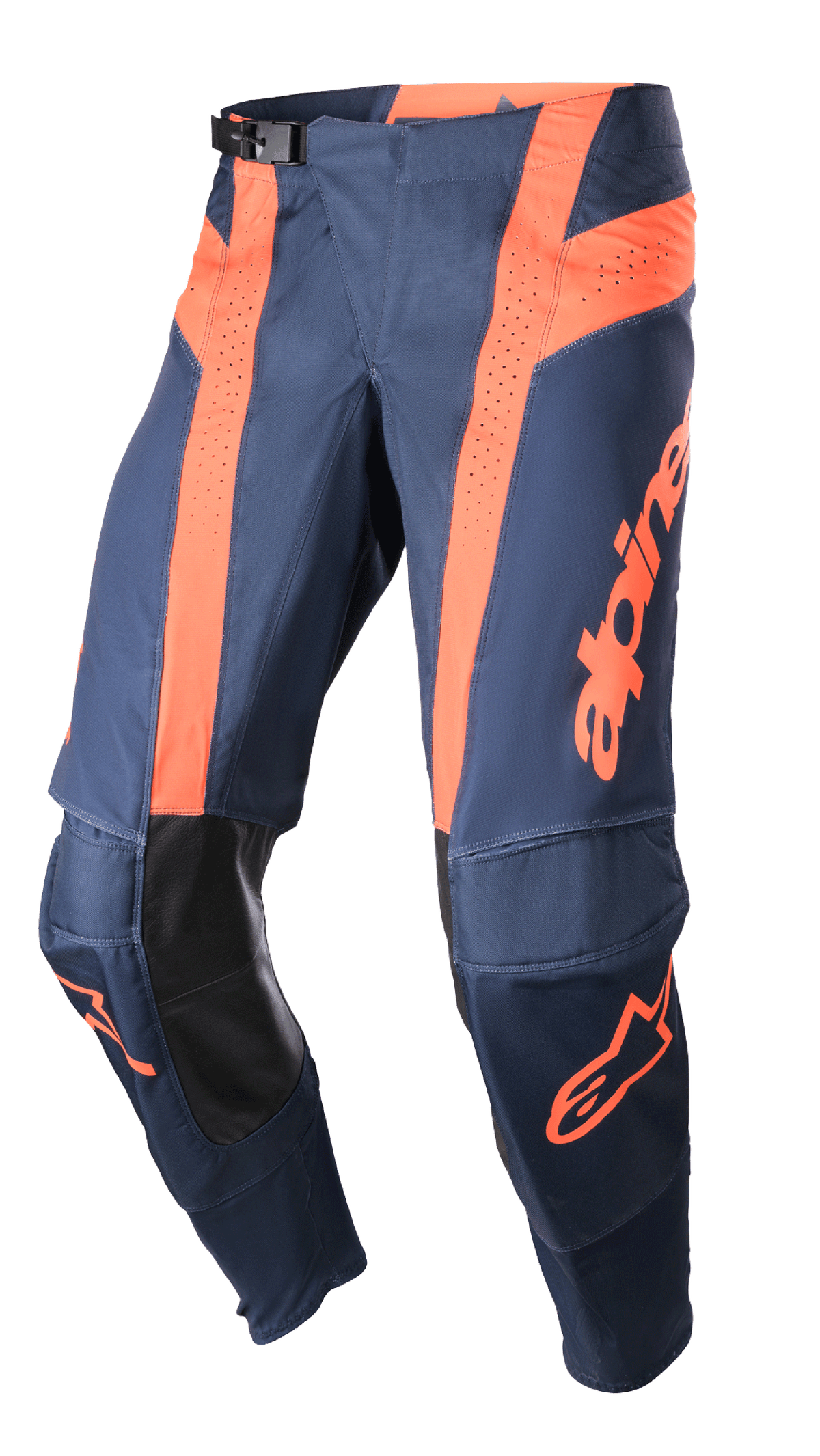 Alpinestars 2023 Techstar Arch byxor, motocrossbyxor, mörkblå och orangea, perforerade ventilationspaneler, innerknäskydd i svart läder, justerbart midjespänne, tekniskt avancerad utrustning för terrängkörning