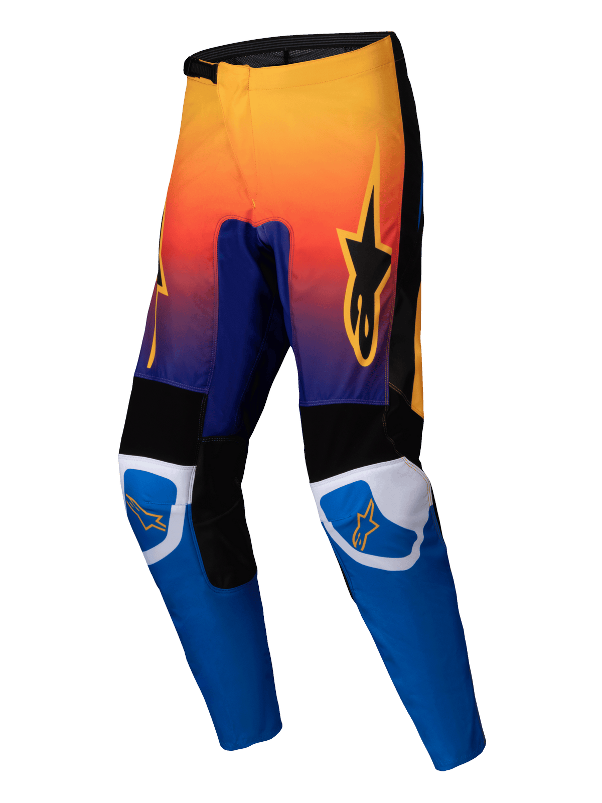 Alpinestars 2025 Fluid Wurx byxor, motocrossbyxor, flerfärgade med färgtoning från orange till lila upptill och klarblåa underben, svarta och vita förstärkta paneler, orange stjärnlogotyp på lår och knän, slitstark design för terrängkörning