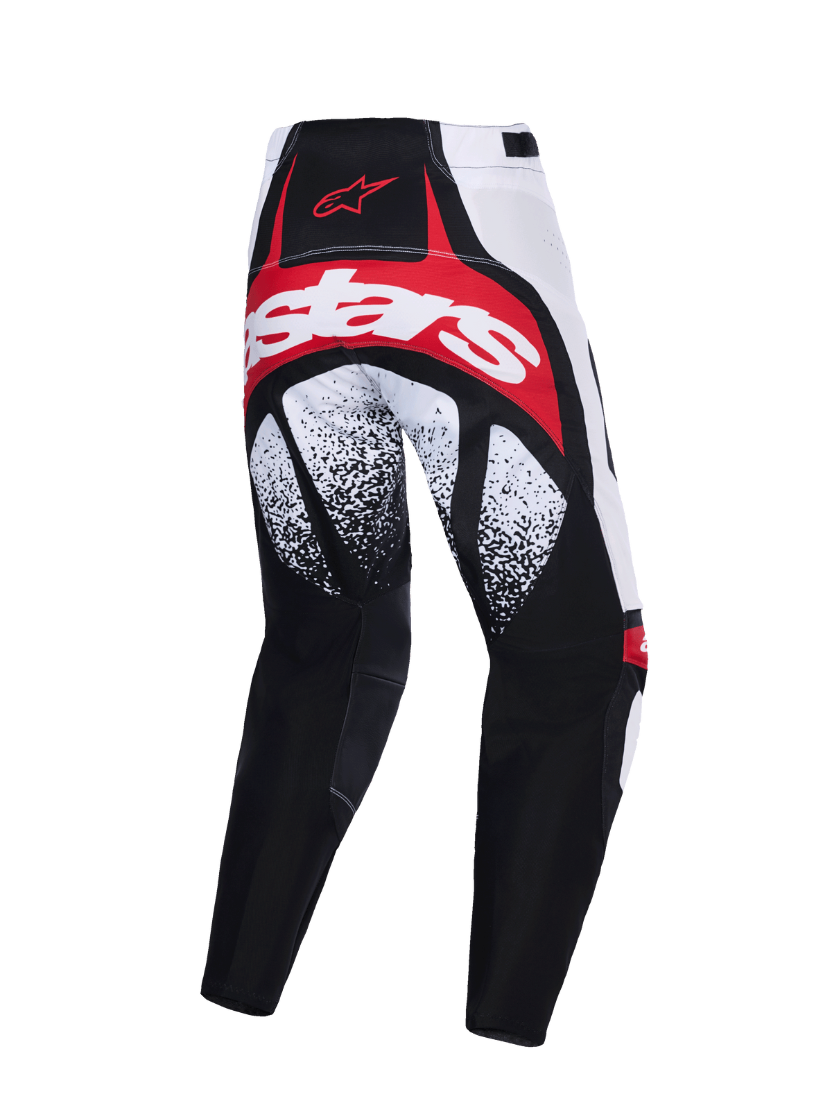 Alpinestars 2026 Techstar Nomur-byxor, motocrossbyxor, svarta, vita och röda, baksida med framträdande röd och vit logotyp över sätet, svartvitt spräckligt mönster på låren och flerpanelkonstruktion för optimal prestanda.