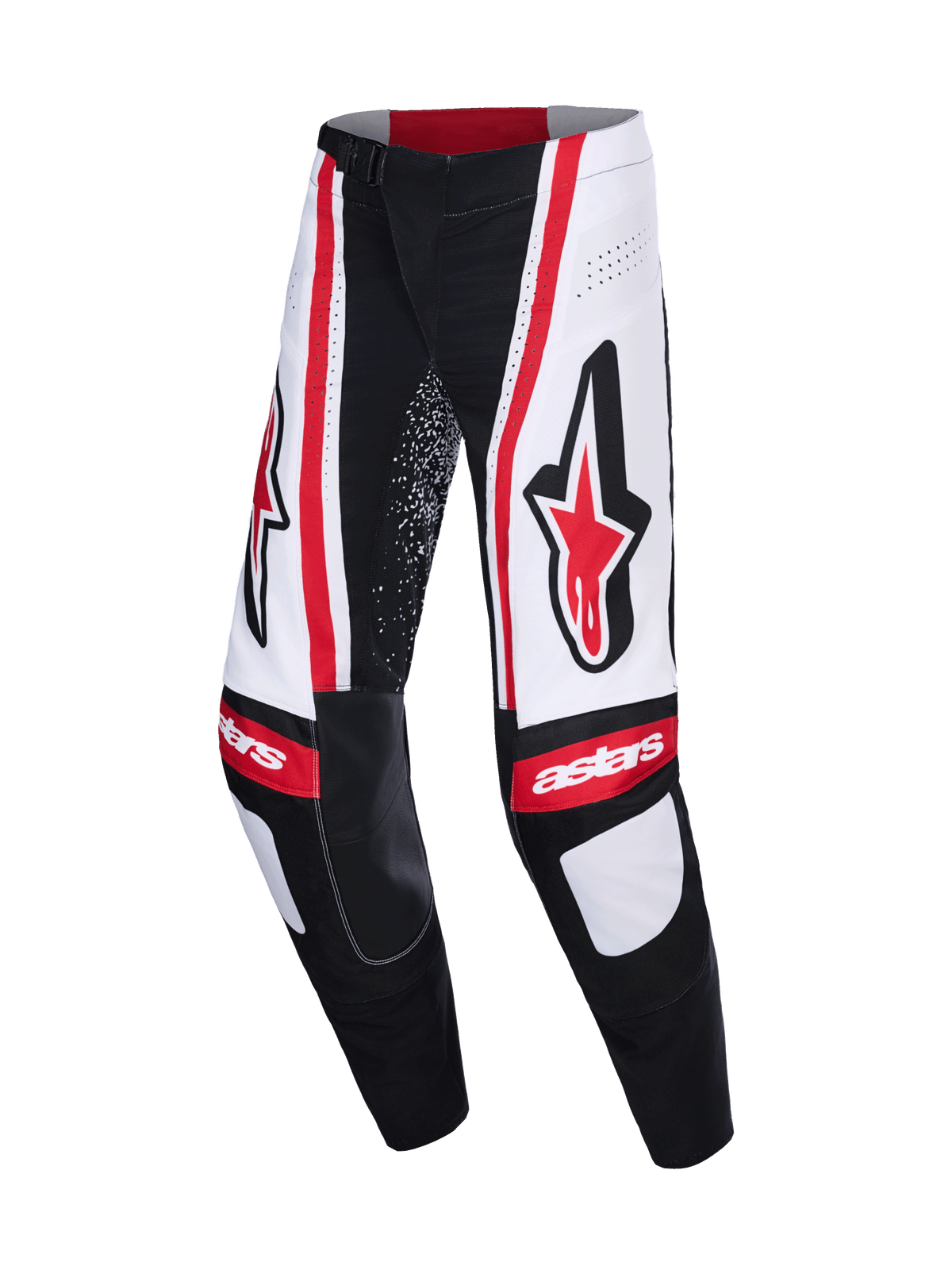 Alpinestars 2026 Techstar Nomur-byxor, motocrossbyxor, svarta, vita och röda, med stora röda Astars-logotyper på låren, vita paneler med vertikala röda ränder och "astars"-logotyp på knäna.