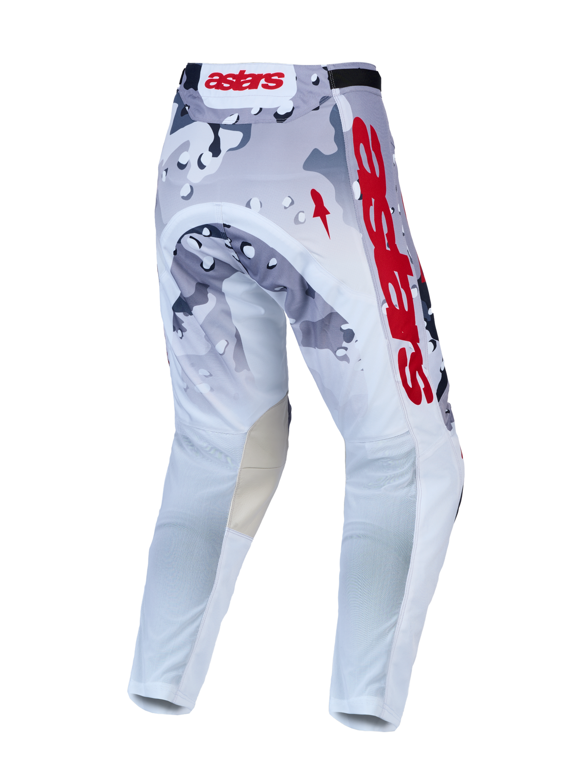 Alpinestars Racer Air Lone motocrossbyxor, grå och vit camo med röd logotyp, ventilerad design, vy bakifrån.