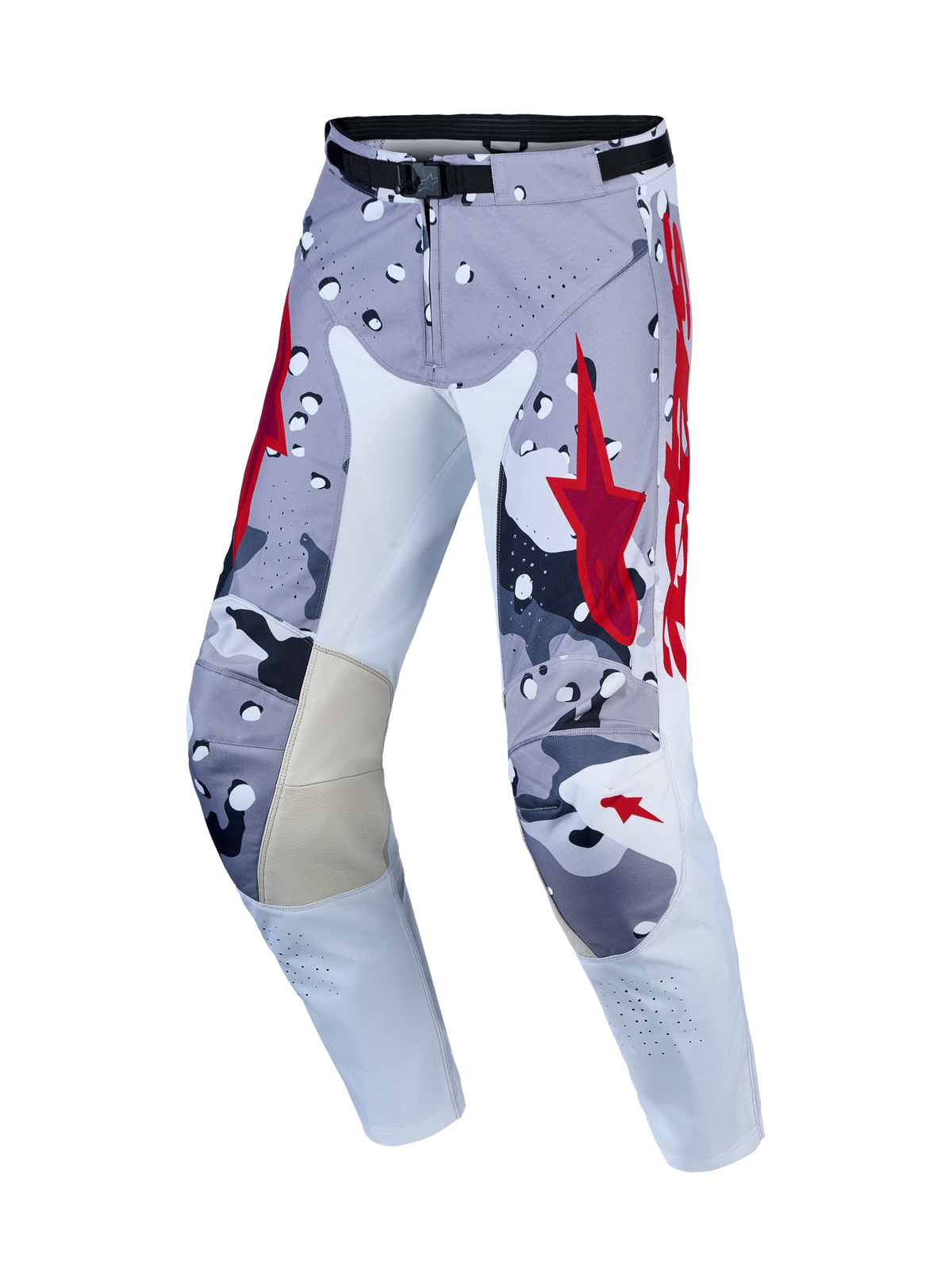 Alpinestars Racer Air Lone motocrossbyxor, gråa och röda med ventilerad konstruktion och ergonomisk förböjd passform.