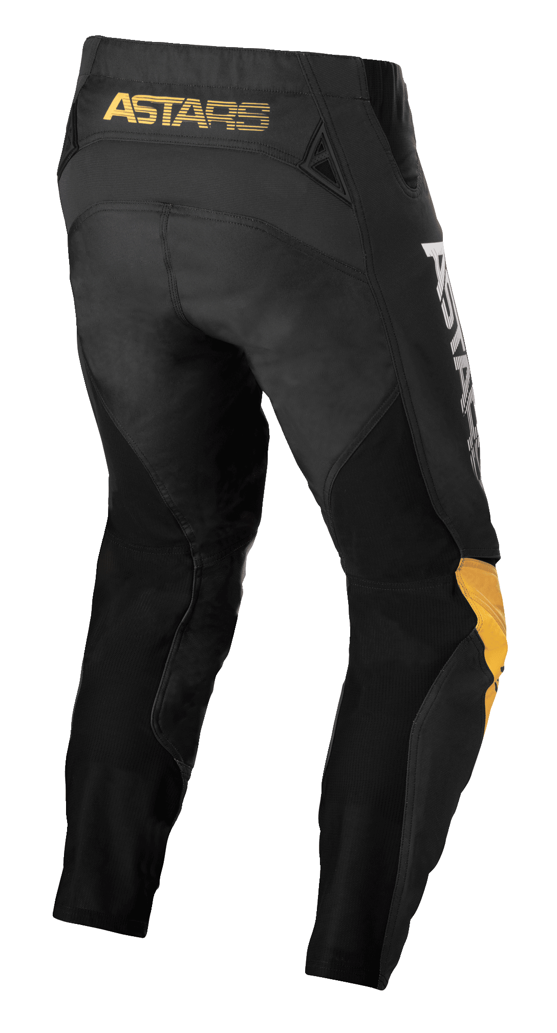 Alpinestars Techstar Quadro-byxor, motocrossbyxor, svarta, gula och orange, bakvy med gul 'ASTARS'-logotyp på linningen, svarta mesh-insatser för ventilation och ergonomiska gula och orangea knäpaneler för hållbarhet vid terrängkörning.