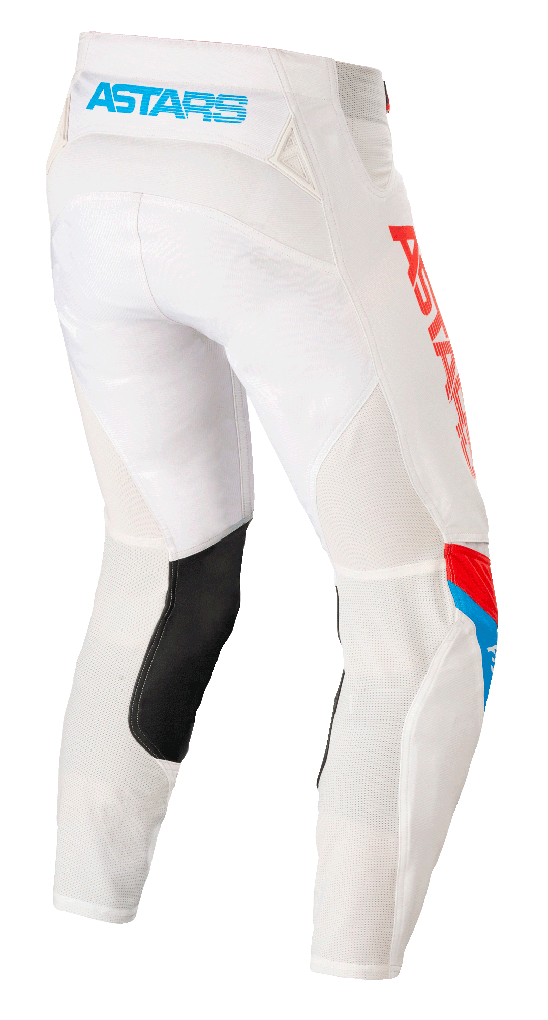 Alpinestars Techstar Quadro byxor, motocrossbyxor, benvita med blå och neonröda detaljer, vy bakifrån som visar ljusblå 'ASTARS'-logotyp på midjebandet, ventilationspaneler i mesh, svart läderlapp på benets insida och röd logotyp på sidan.