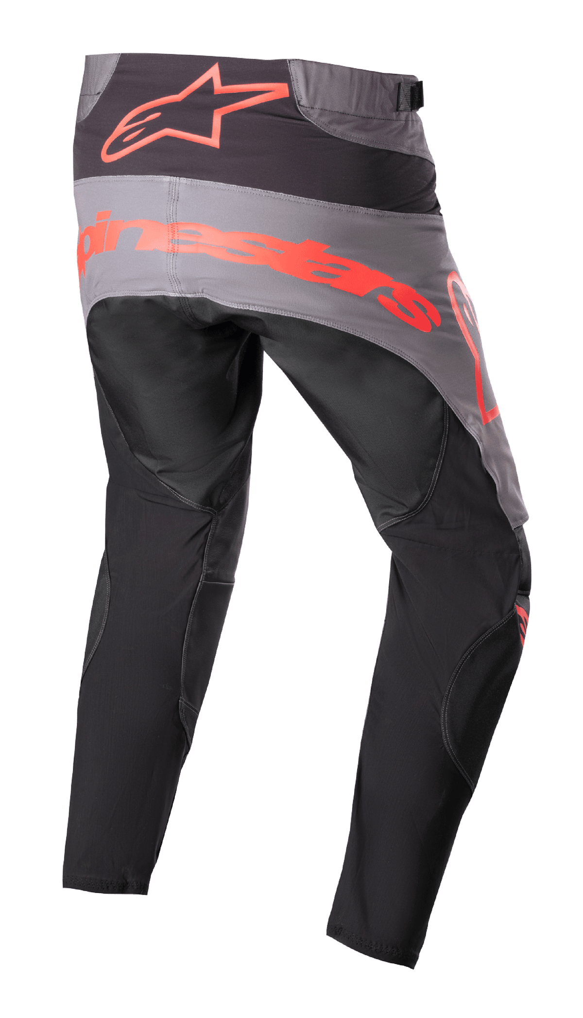 Alpinestars 2023 Techstar Sein-byxor, motocrossbyxor, svarta och neonröda, baksida med en grå sittpanel med stor neonröd logotyp, ergonomiskt förböjda ben och hållbar textilkonstruktion för terrängkörning