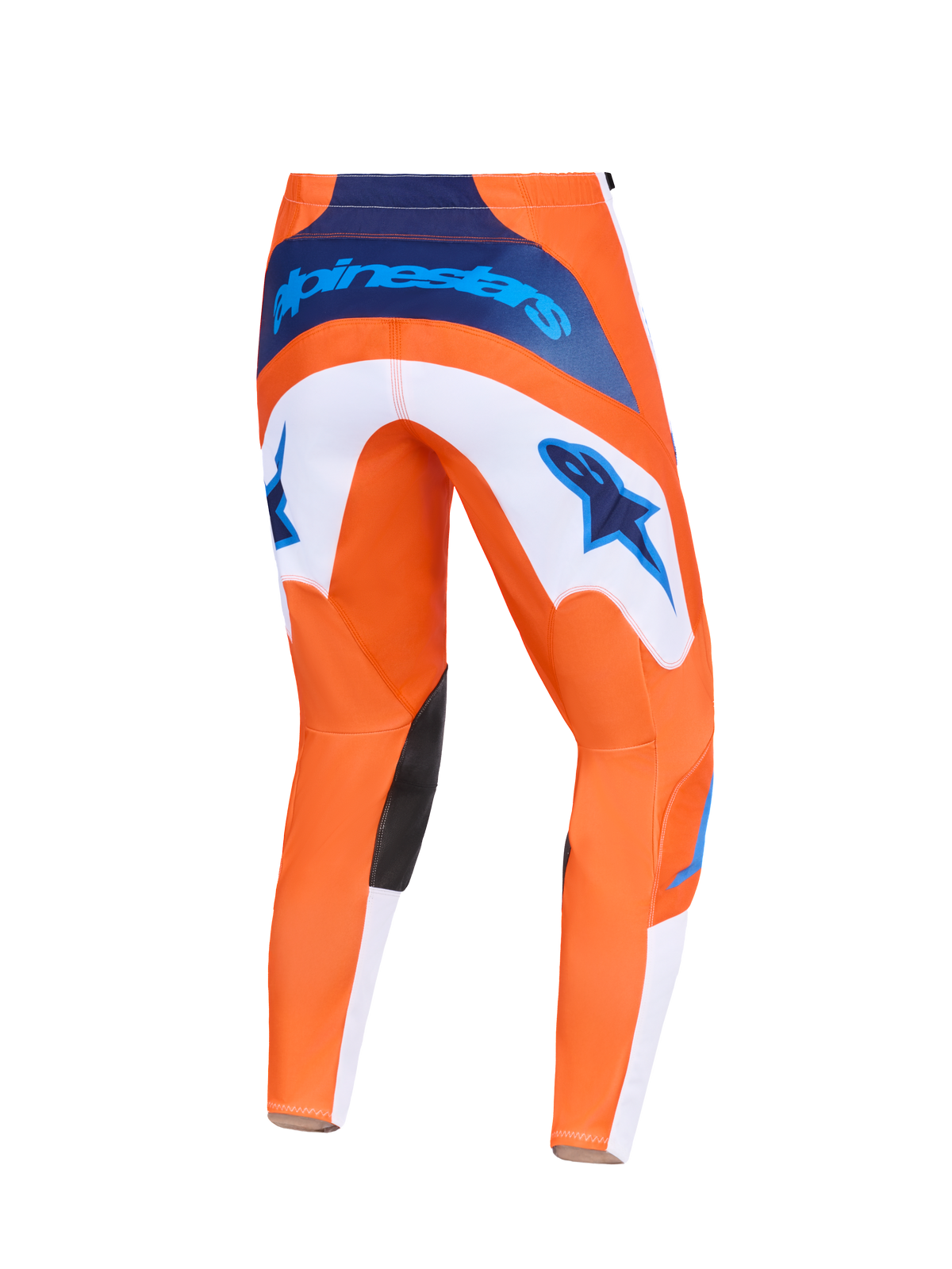 Alpinestars 2026 Fluid Grid byxor, motocrossbyxor, orange och UCLA-blå, vy bakifrån med vita paneler och blå stjärnlogotyper, marinblå midjedetaljer och svarta förstärkningar på knänas insida, hållbar design för terrängkörning